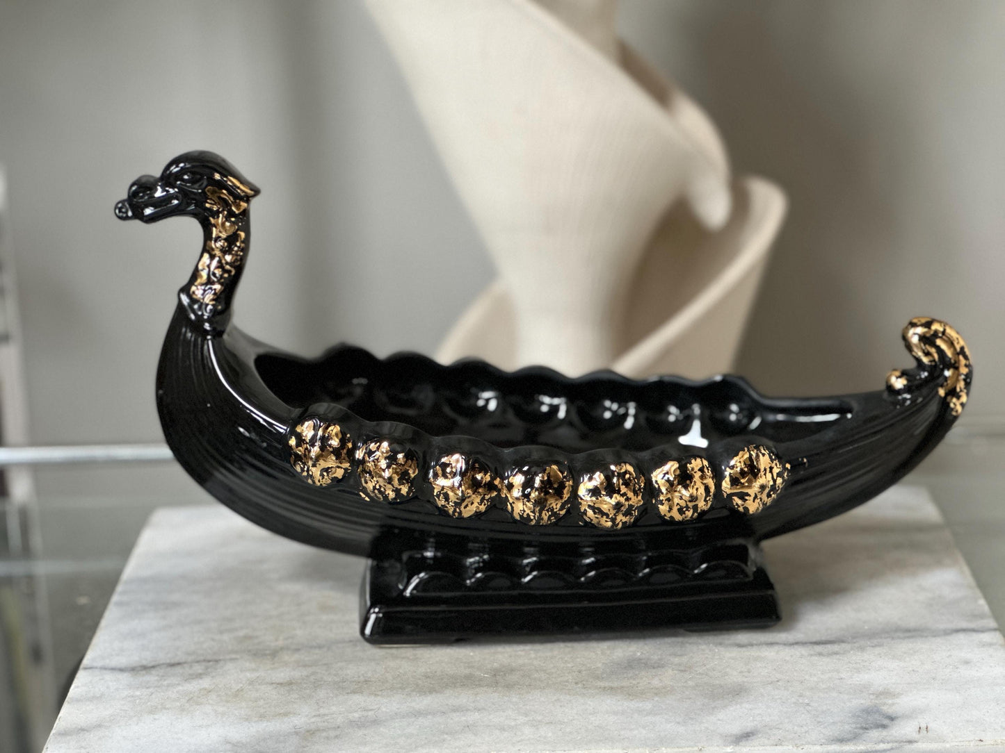 Vintage MCM Black & Gold Dragon Gondola Planter | Art Pottery Centerpiece Bowl | Mid-Century Ceramic Dragon Vessel | 15” x 9”