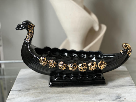 Vintage MCM Black & Gold Dragon Gondola Planter | Art Pottery Centerpiece Bowl | Mid-Century Ceramic Dragon Vessel | 15” x 9”