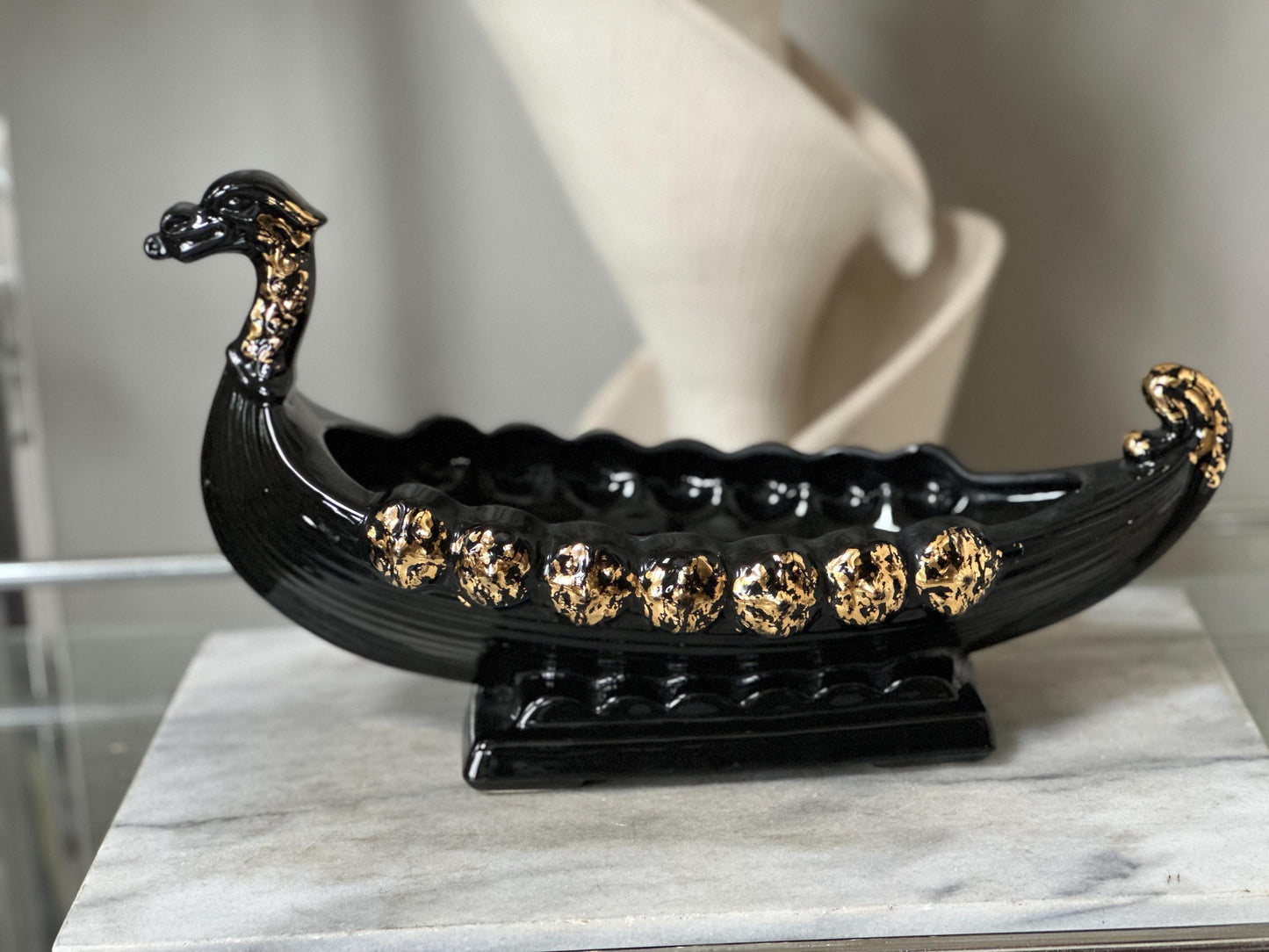 Vintage MCM Black & Gold Dragon Gondola Planter | Art Pottery Centerpiece Bowl | Mid-Century Ceramic Dragon Vessel | 15” x 9”