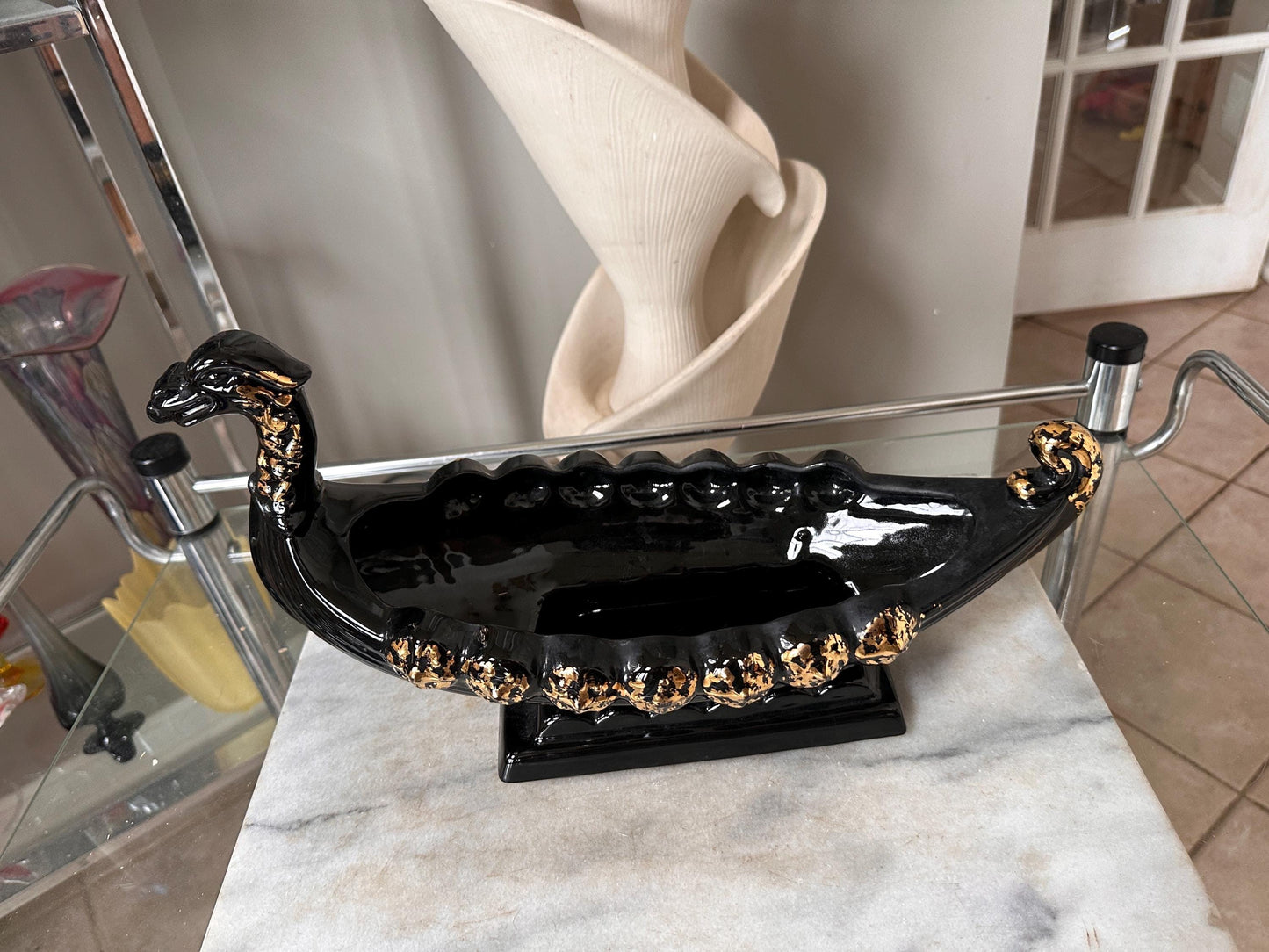 Vintage MCM Black & Gold Dragon Gondola Planter | Art Pottery Centerpiece Bowl | Mid-Century Ceramic Dragon Vessel | 15” x 9”