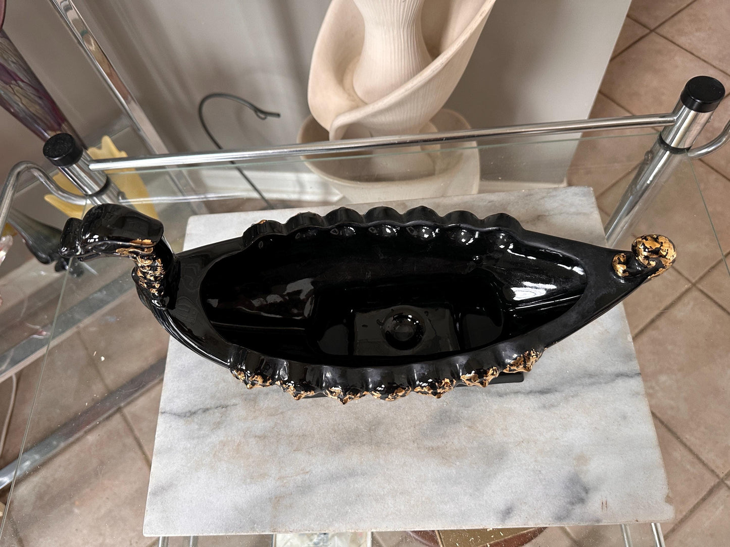 Vintage MCM Black & Gold Dragon Gondola Planter | Art Pottery Centerpiece Bowl | Mid-Century Ceramic Dragon Vessel | 15” x 9”