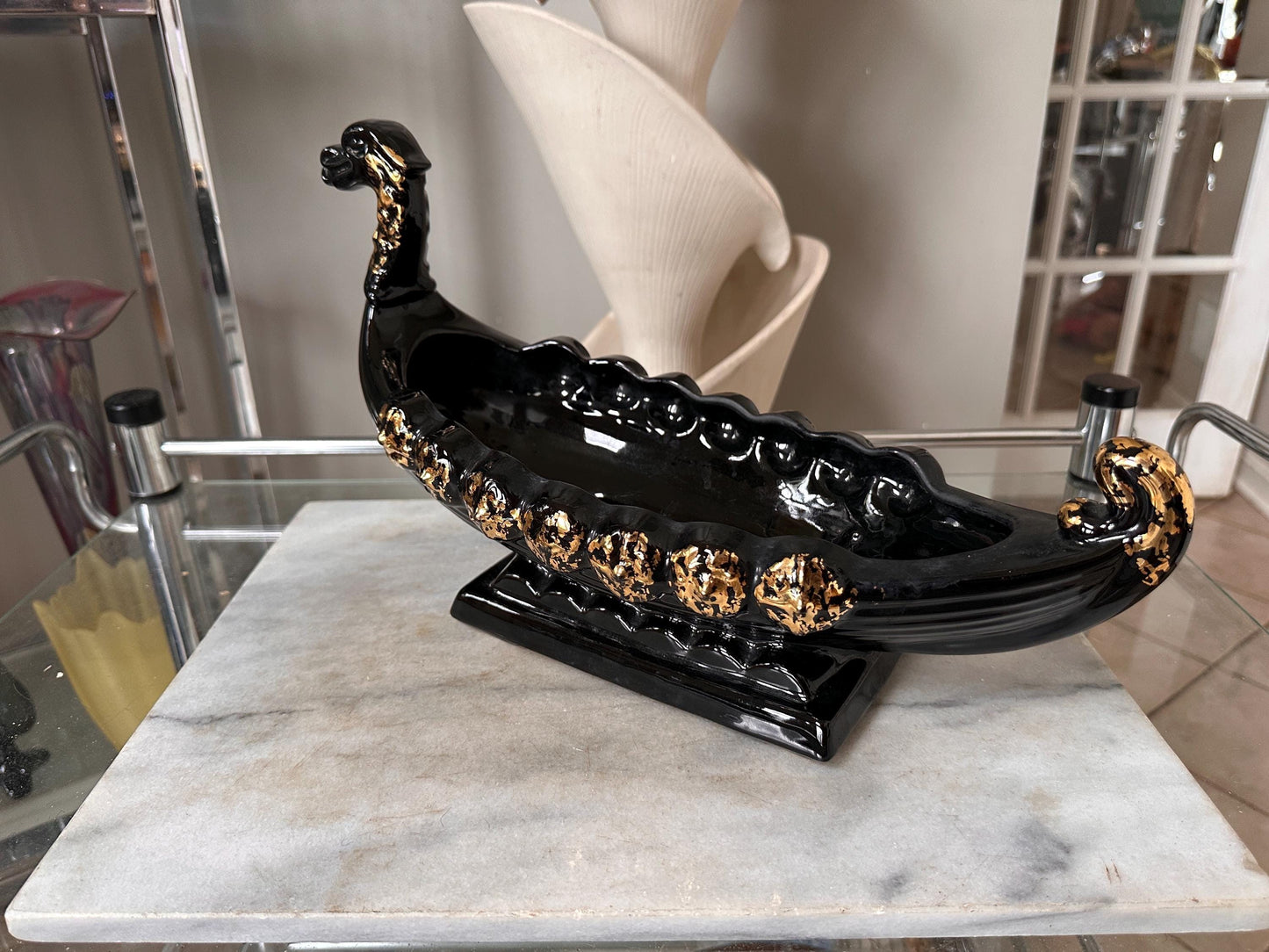 Vintage MCM Black & Gold Dragon Gondola Planter | Art Pottery Centerpiece Bowl | Mid-Century Ceramic Dragon Vessel | 15” x 9”
