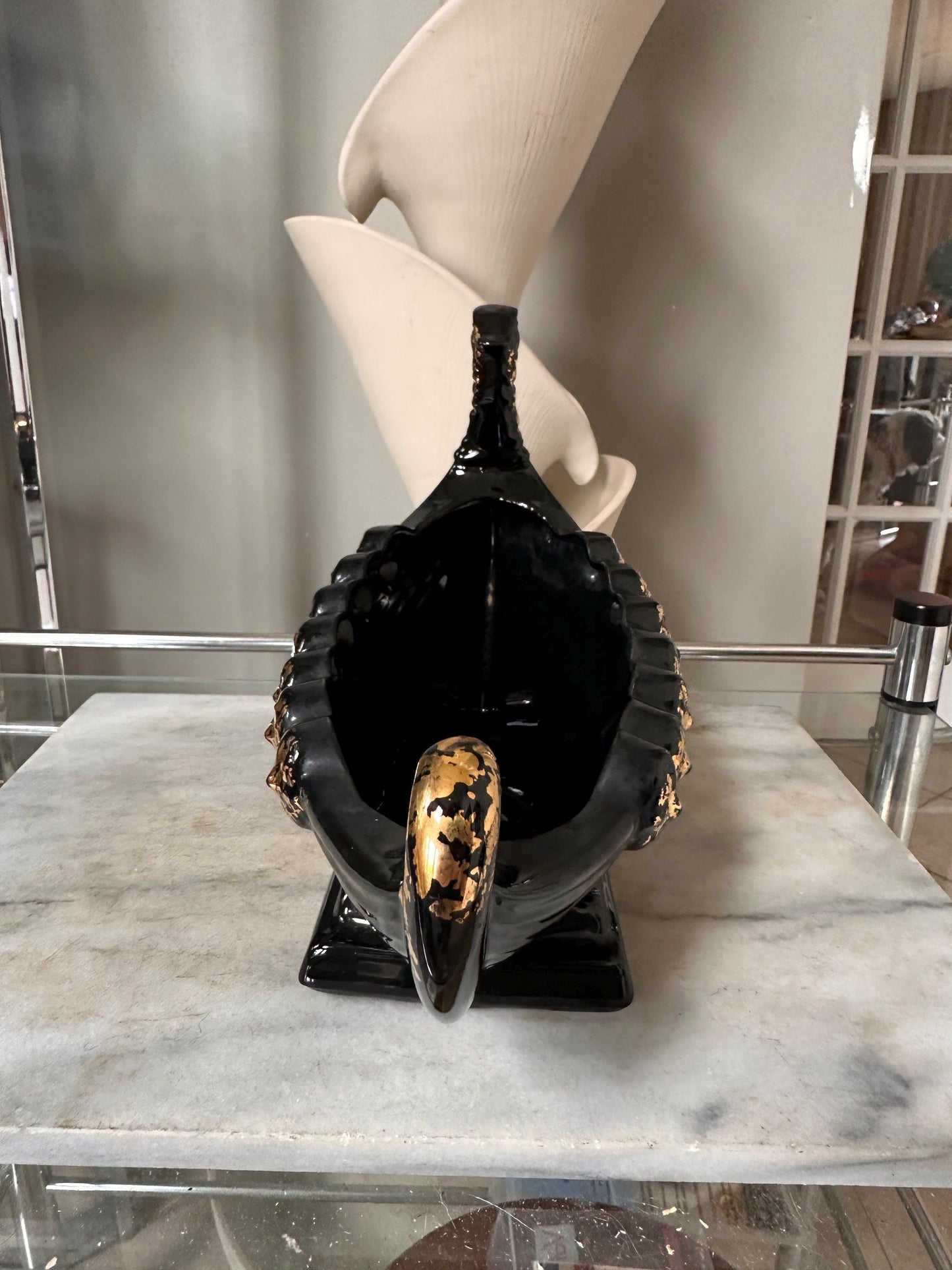 Vintage MCM Black & Gold Dragon Gondola Planter | Art Pottery Centerpiece Bowl | Mid-Century Ceramic Dragon Vessel | 15” x 9”