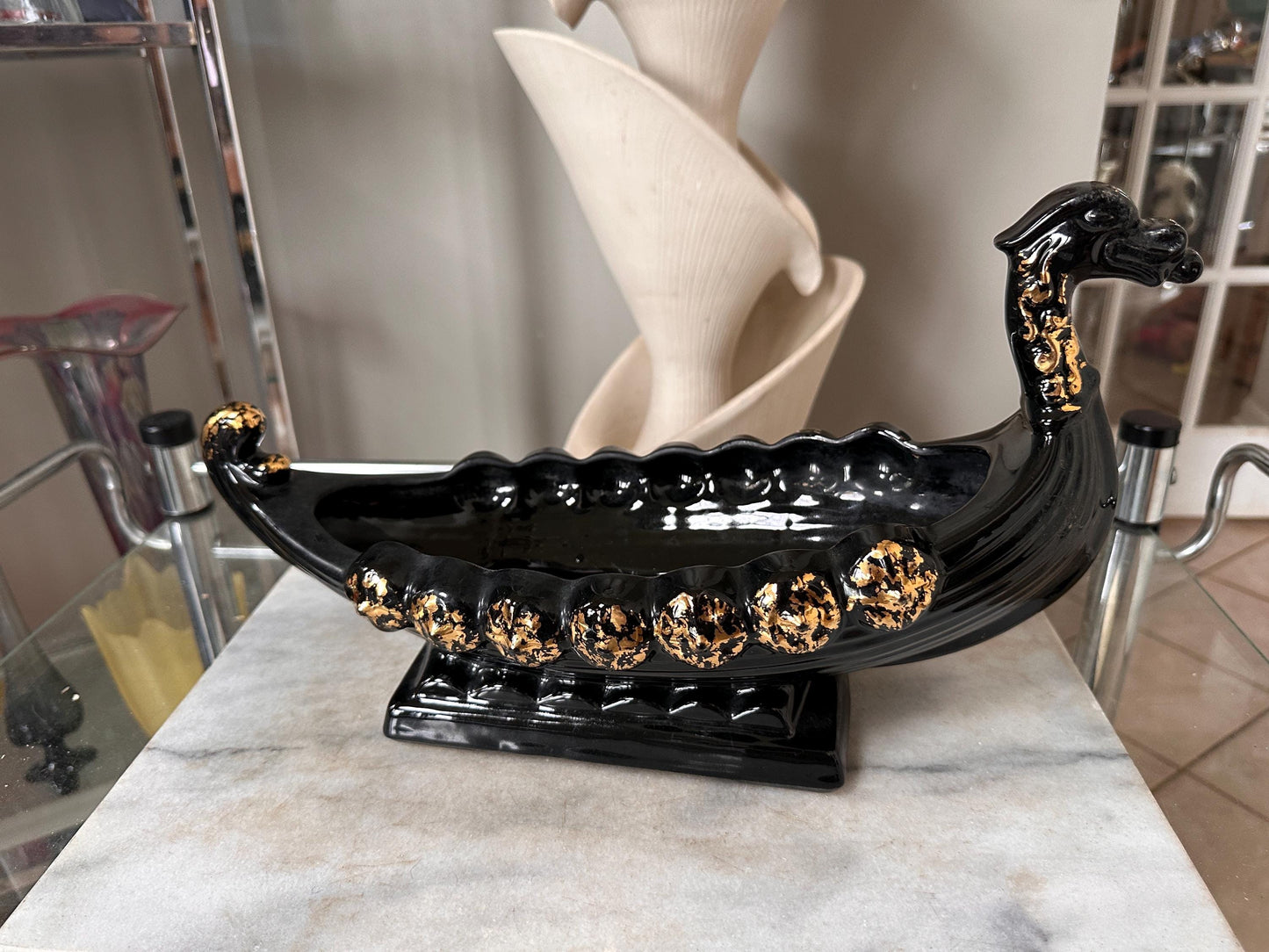Vintage MCM Black & Gold Dragon Gondola Planter | Art Pottery Centerpiece Bowl | Mid-Century Ceramic Dragon Vessel | 15” x 9”