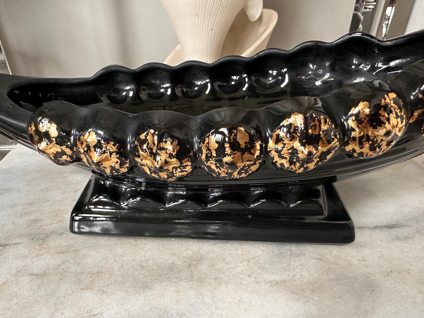 Vintage MCM Black & Gold Dragon Gondola Planter | Art Pottery Centerpiece Bowl | Mid-Century Ceramic Dragon Vessel | 15” x 9”