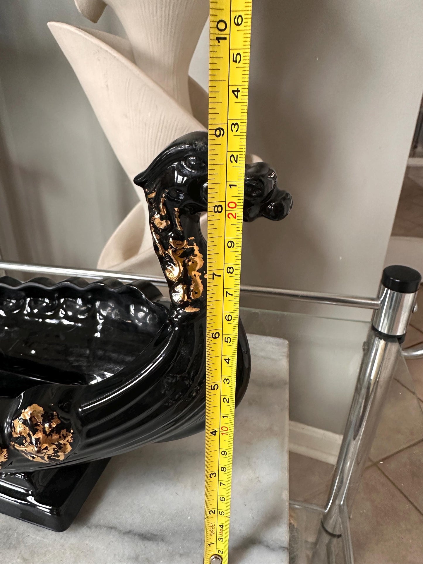 Vintage MCM Black & Gold Dragon Gondola Planter | Art Pottery Centerpiece Bowl | Mid-Century Ceramic Dragon Vessel | 15” x 9”
