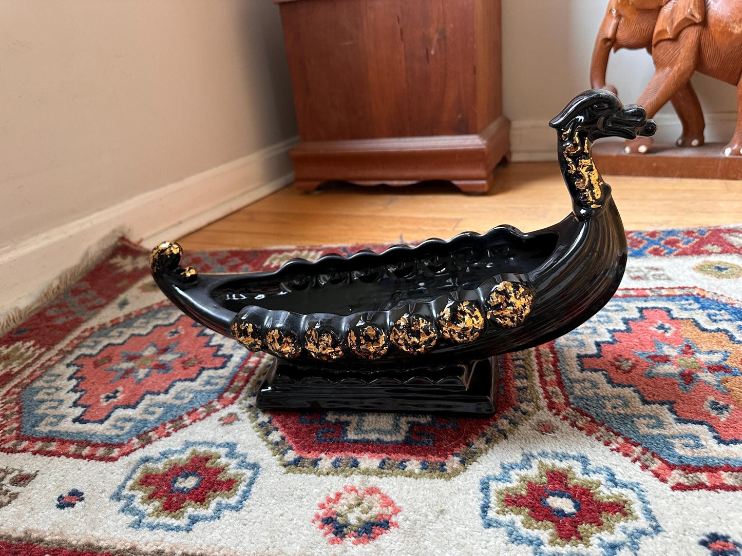 Vintage MCM Black & Gold Dragon Gondola Planter | Art Pottery Centerpiece Bowl | Mid-Century Ceramic Dragon Vessel | 15” x 9”