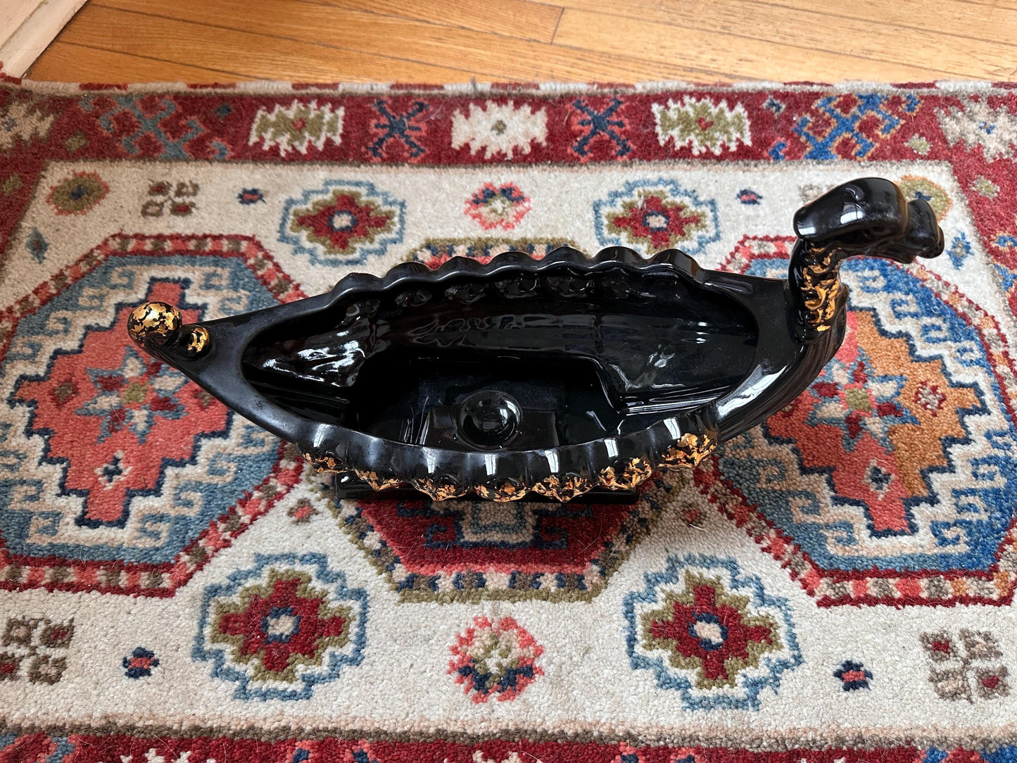 Vintage MCM Black & Gold Dragon Gondola Planter | Art Pottery Centerpiece Bowl | Mid-Century Ceramic Dragon Vessel | 15” x 9”