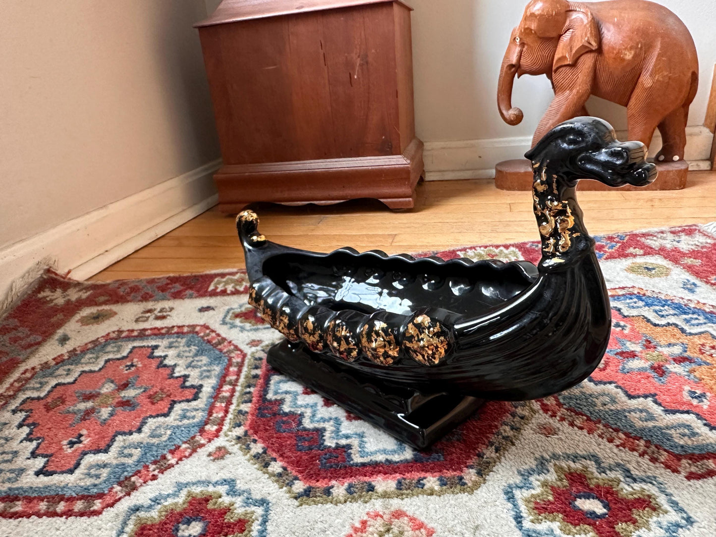 Vintage MCM Black & Gold Dragon Gondola Planter | Art Pottery Centerpiece Bowl | Mid-Century Ceramic Dragon Vessel | 15” x 9”