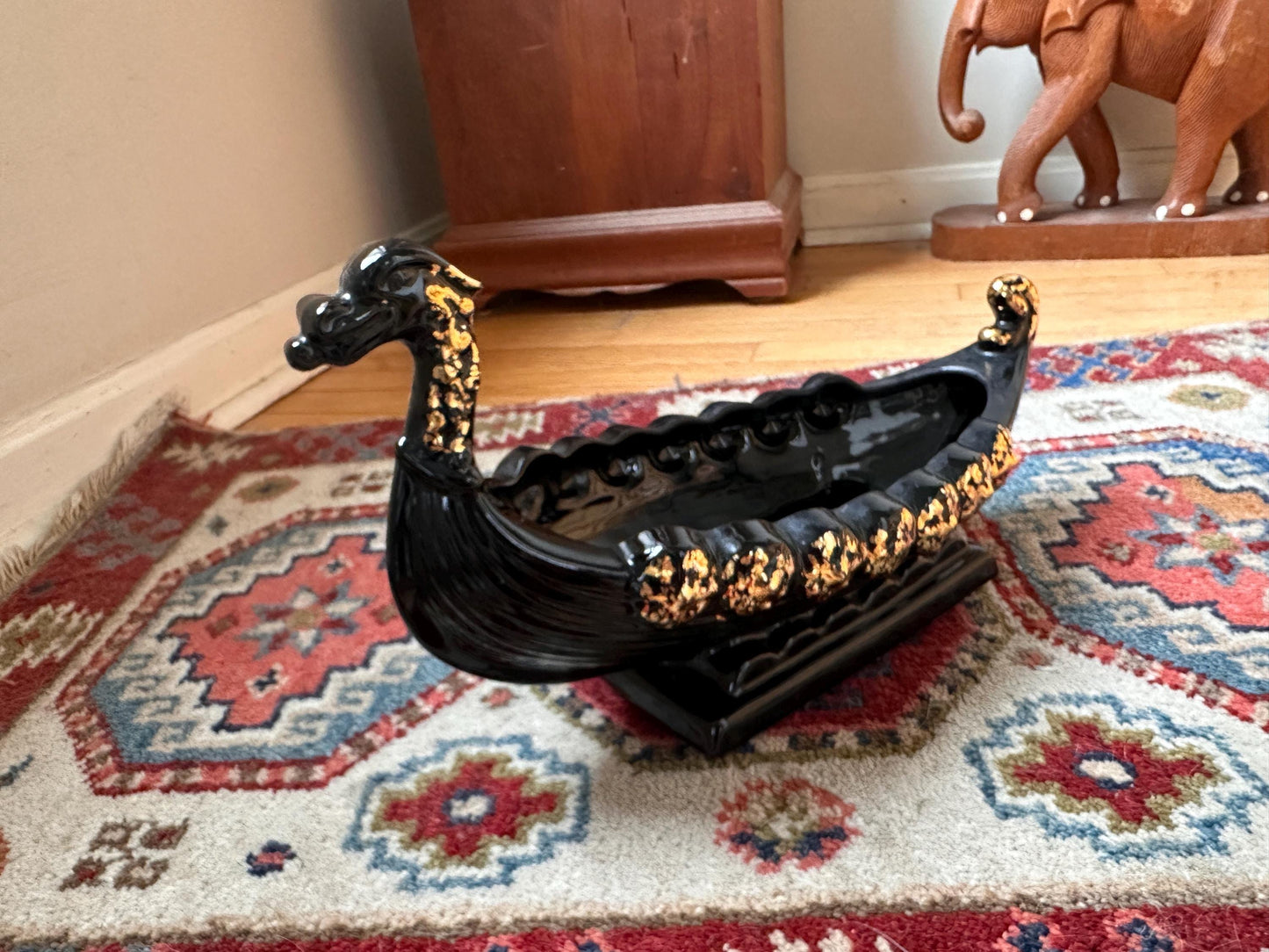 Vintage MCM Black & Gold Dragon Gondola Planter | Art Pottery Centerpiece Bowl | Mid-Century Ceramic Dragon Vessel | 15” x 9”