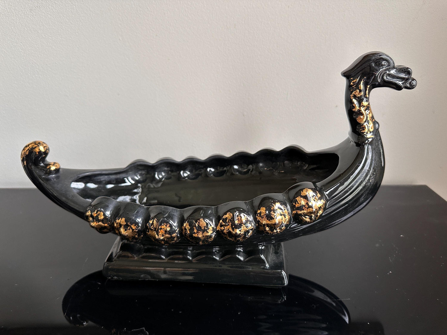 Vintage MCM Black & Gold Dragon Gondola Planter | Art Pottery Centerpiece Bowl | Mid-Century Ceramic Dragon Vessel | 15” x 9”