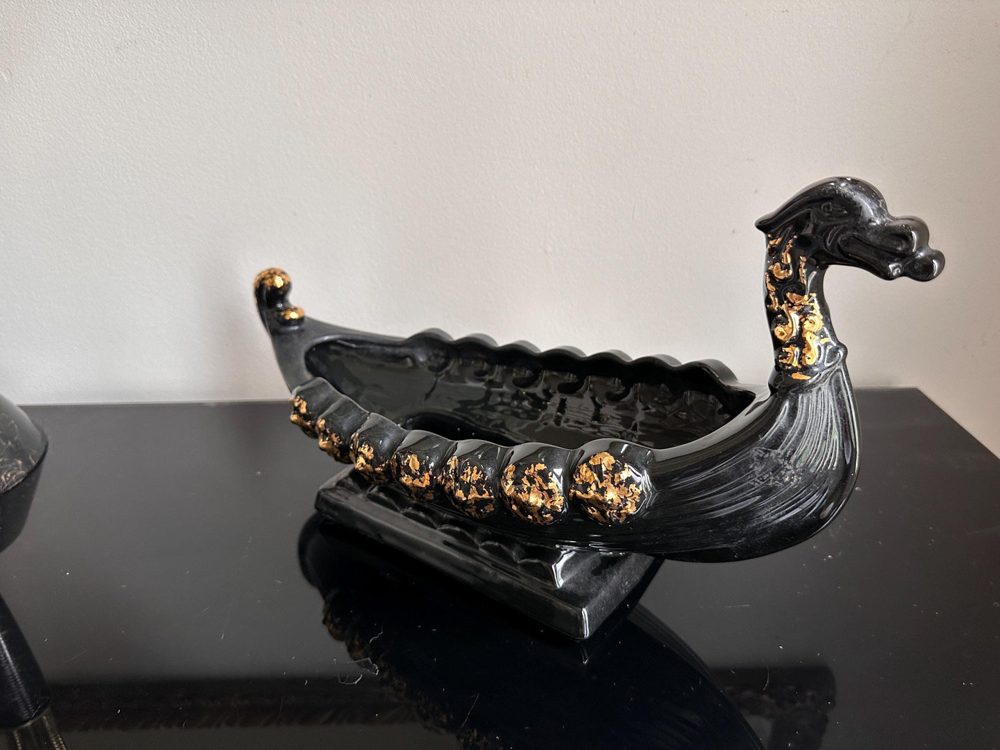 Vintage MCM Black & Gold Dragon Gondola Planter | Art Pottery Centerpiece Bowl | Mid-Century Ceramic Dragon Vessel | 15” x 9”
