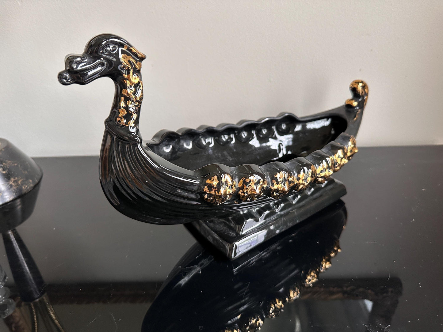 Vintage MCM Black & Gold Dragon Gondola Planter | Art Pottery Centerpiece Bowl | Mid-Century Ceramic Dragon Vessel | 15” x 9”