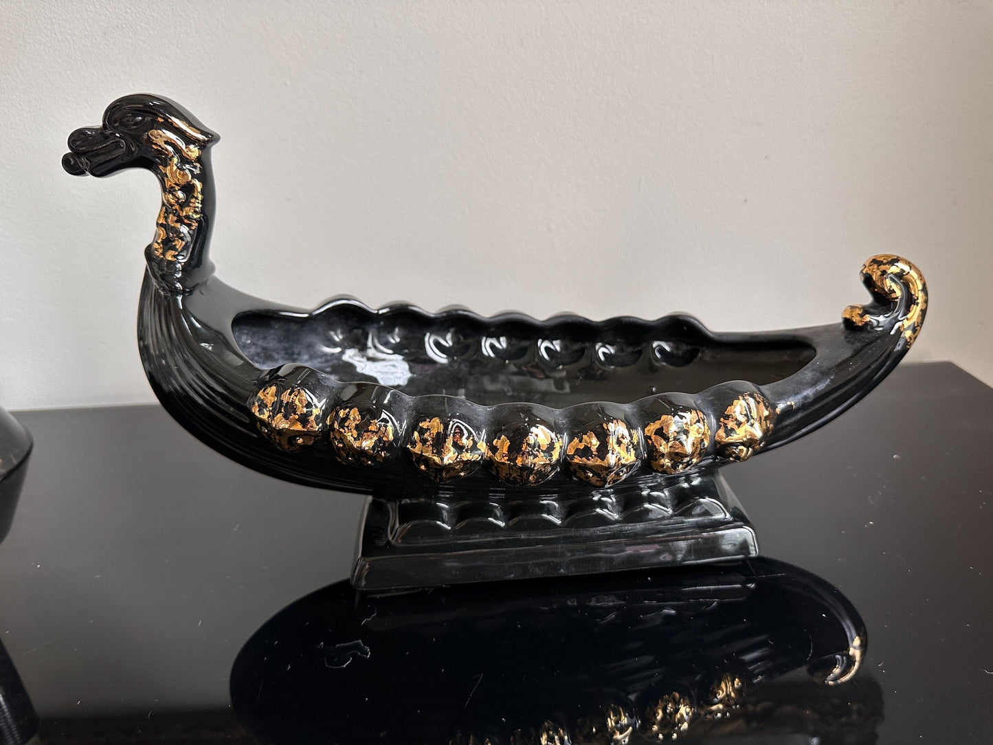 Vintage MCM Black & Gold Dragon Gondola Planter | Art Pottery Centerpiece Bowl | Mid-Century Ceramic Dragon Vessel | 15” x 9”
