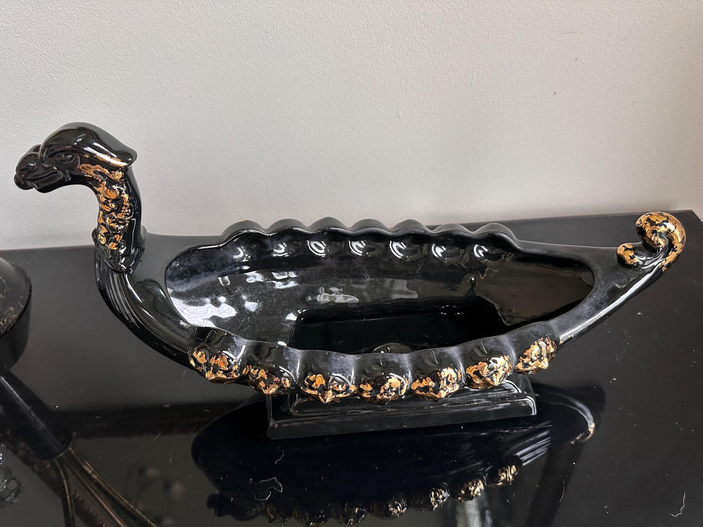 Vintage MCM Black & Gold Dragon Gondola Planter | Art Pottery Centerpiece Bowl | Mid-Century Ceramic Dragon Vessel | 15” x 9”