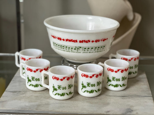 Vintage Hazel Atlas Egg Nog Punch Bowl Set | Green Christmas Milk Glass | 1950s Holiday Serving Set | Mid-Century Christmas Entertaining Dec