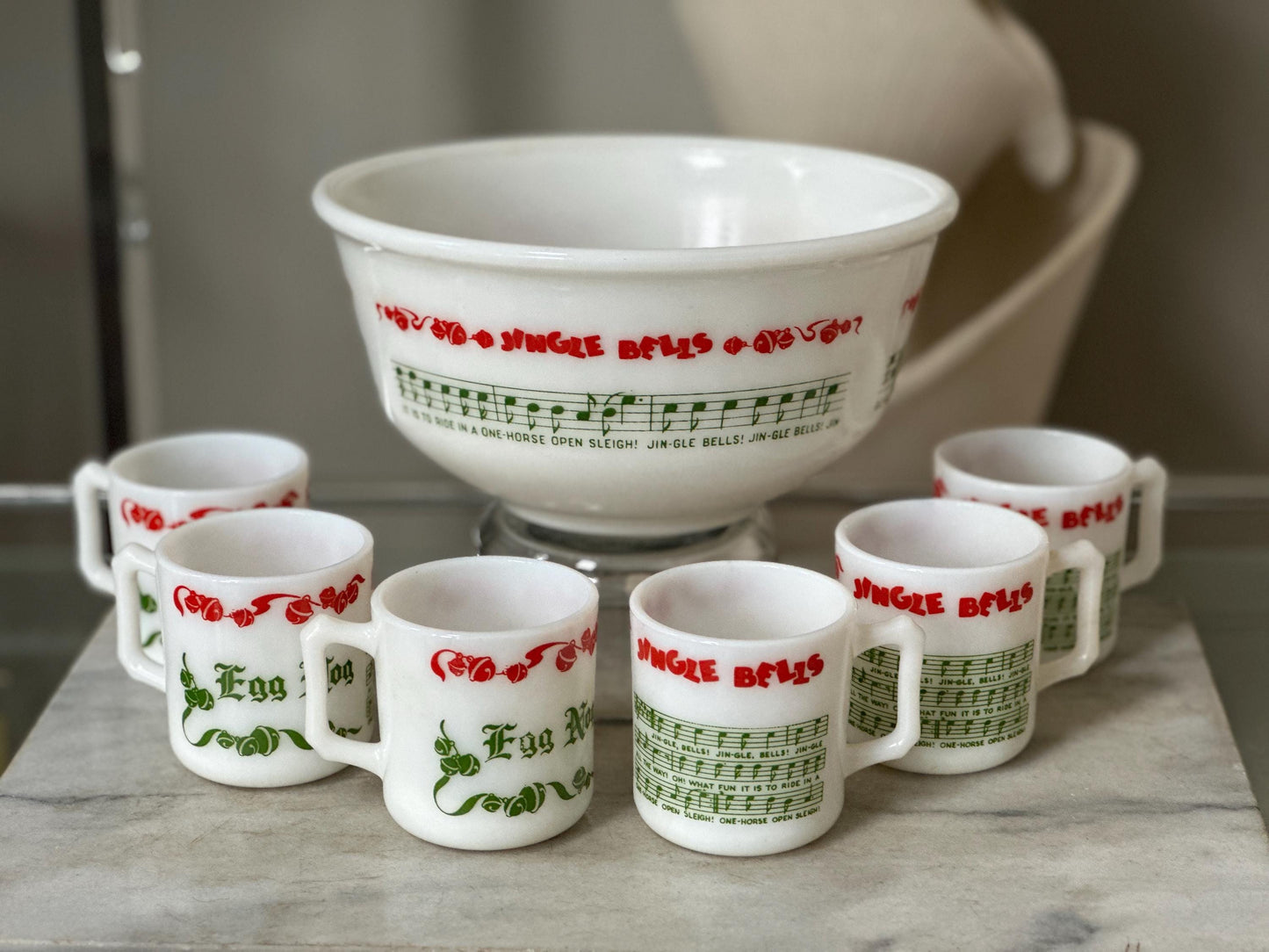 Vintage Hazel Atlas Egg Nog Punch Bowl Set | Green Christmas Milk Glass | 1950s Holiday Serving Set | Mid-Century Christmas Entertaining Dec