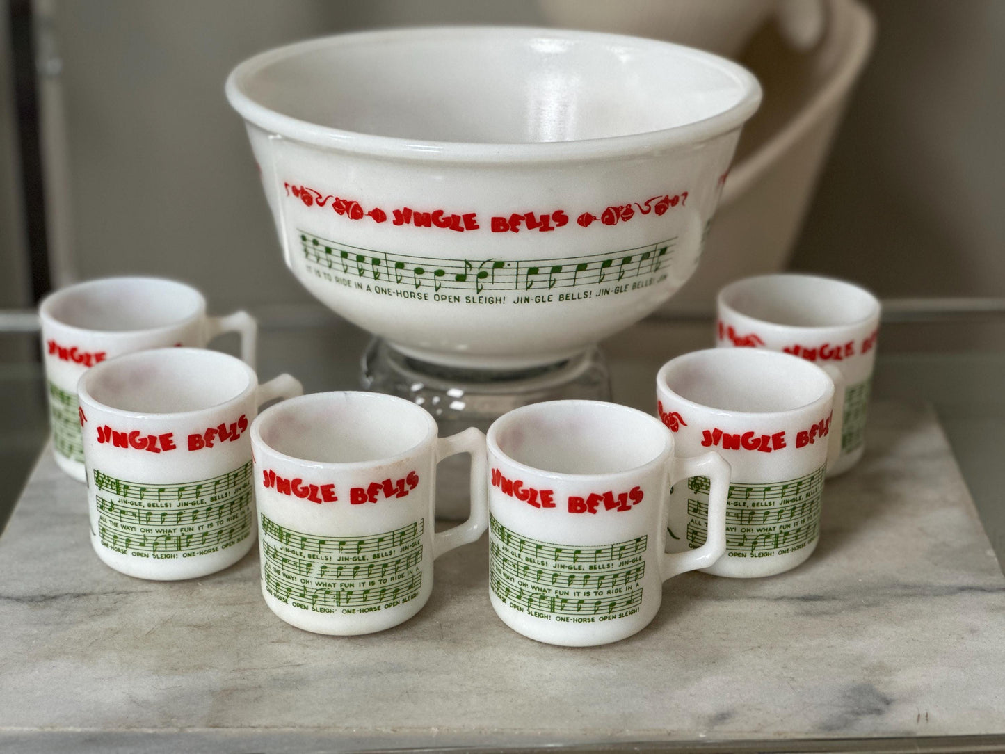 Vintage Hazel Atlas Egg Nog Punch Bowl Set | Green Christmas Milk Glass | 1950s Holiday Serving Set | Mid-Century Christmas Entertaining Dec
