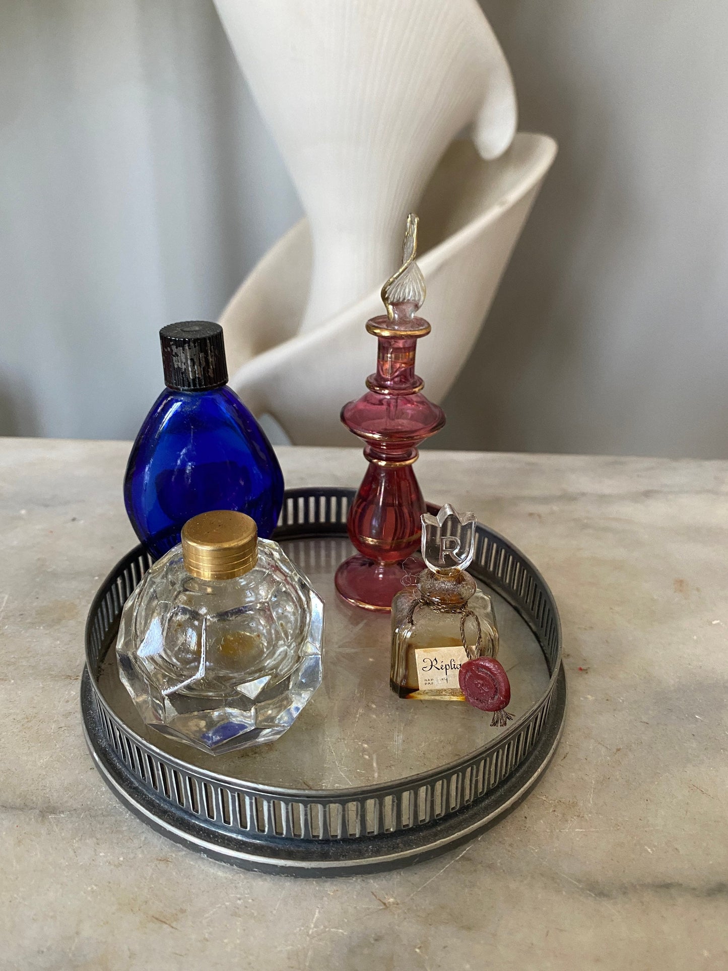 Vintage Small Etched Glass Vanity Tray with 4 Small Glass Perfume Bottle