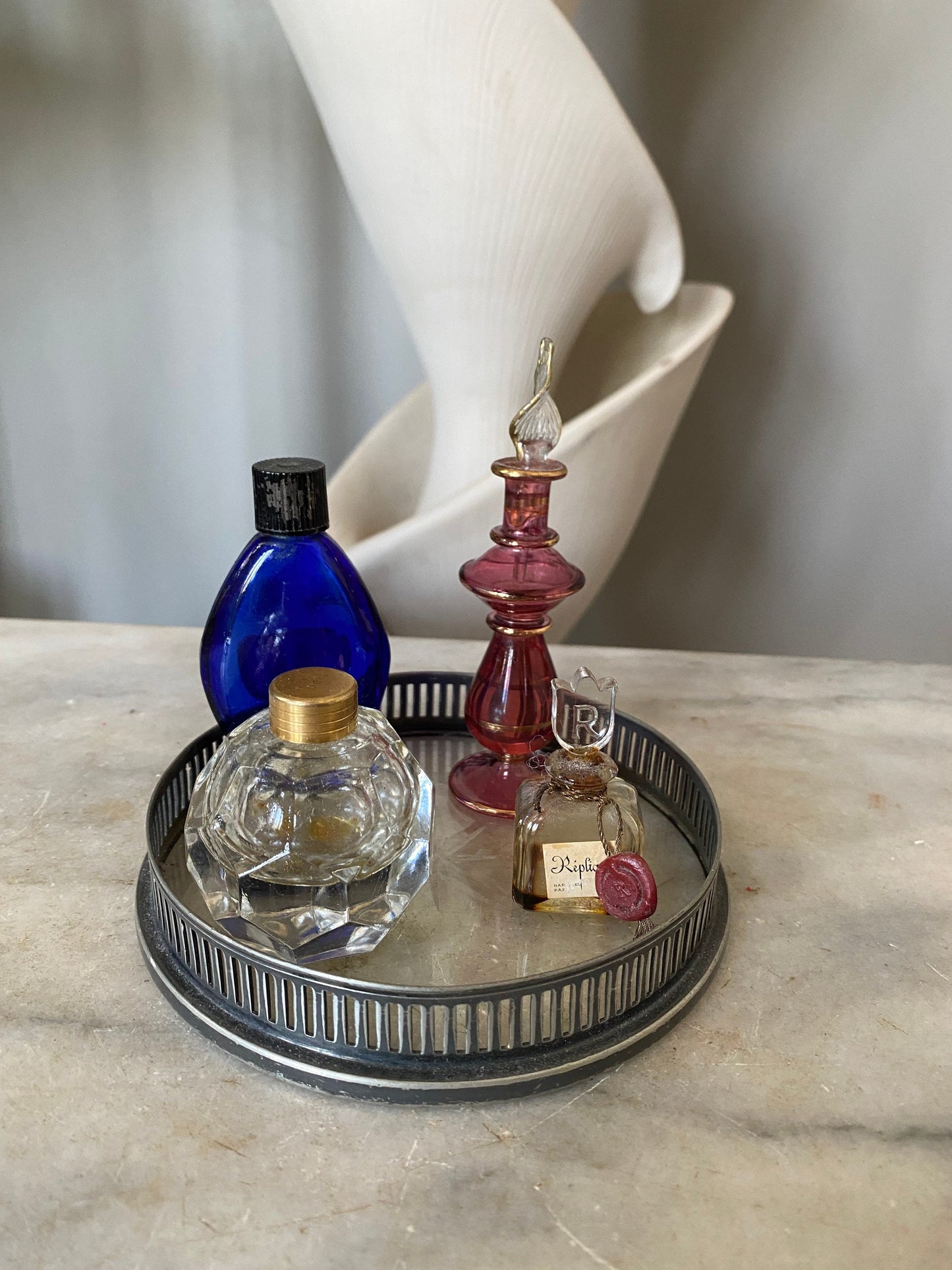 Vintage Small Etched Glass Vanity Tray with 4 Small Glass Perfume Bottle