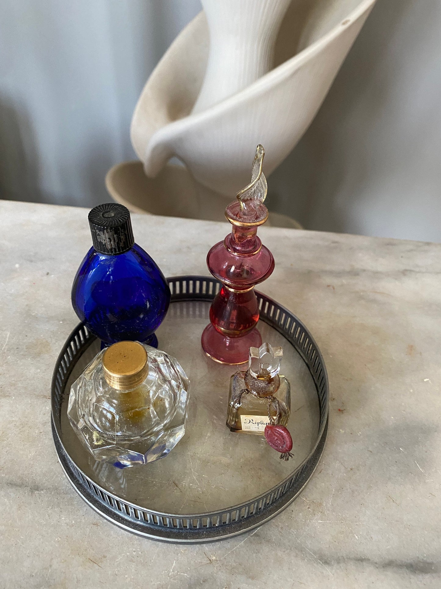 Vintage Small Etched Glass Vanity Tray with 4 Small Glass Perfume Bottle