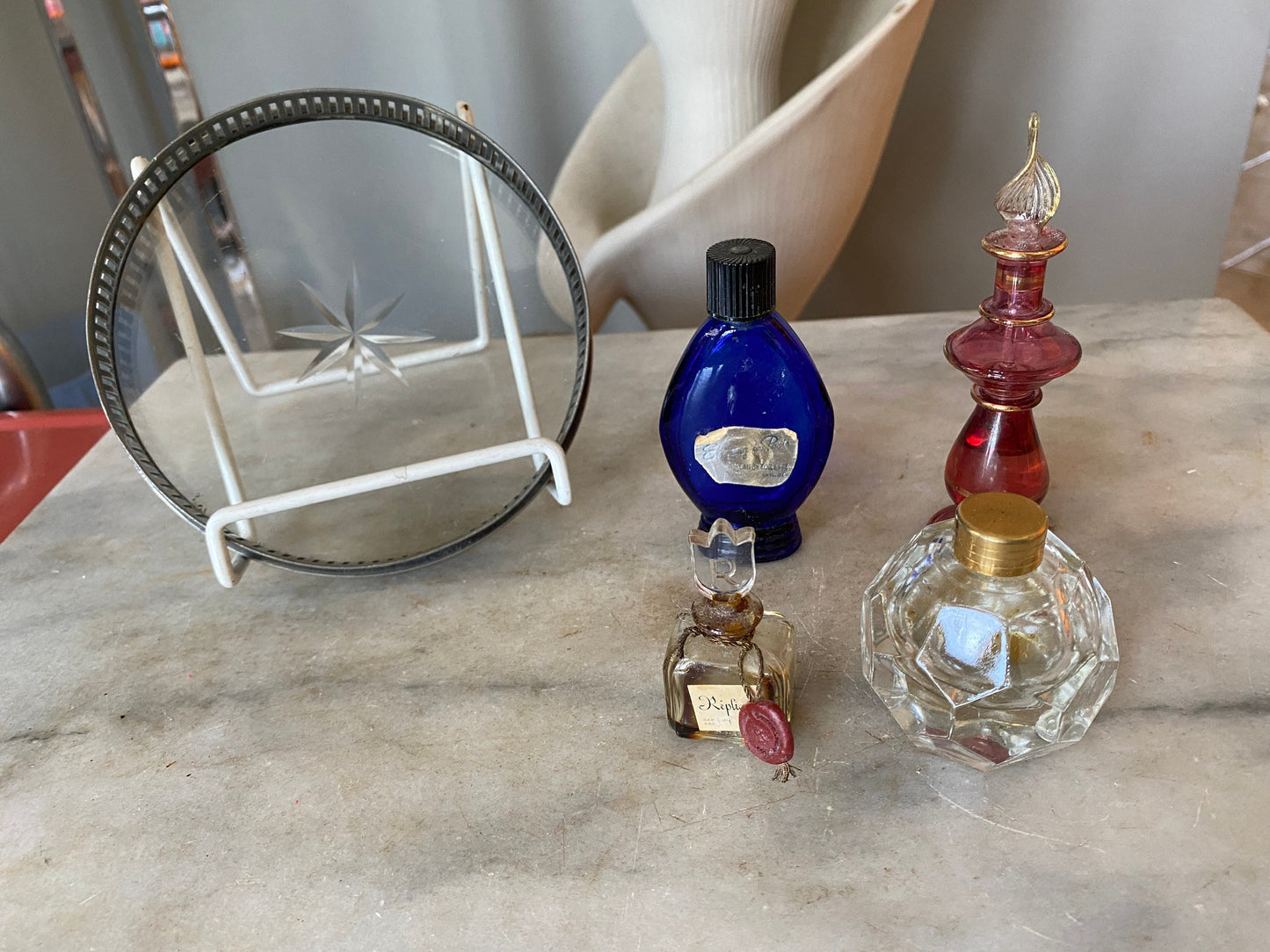 Vintage Small Etched Glass Vanity Tray with 4 Small Glass Perfume Bottle