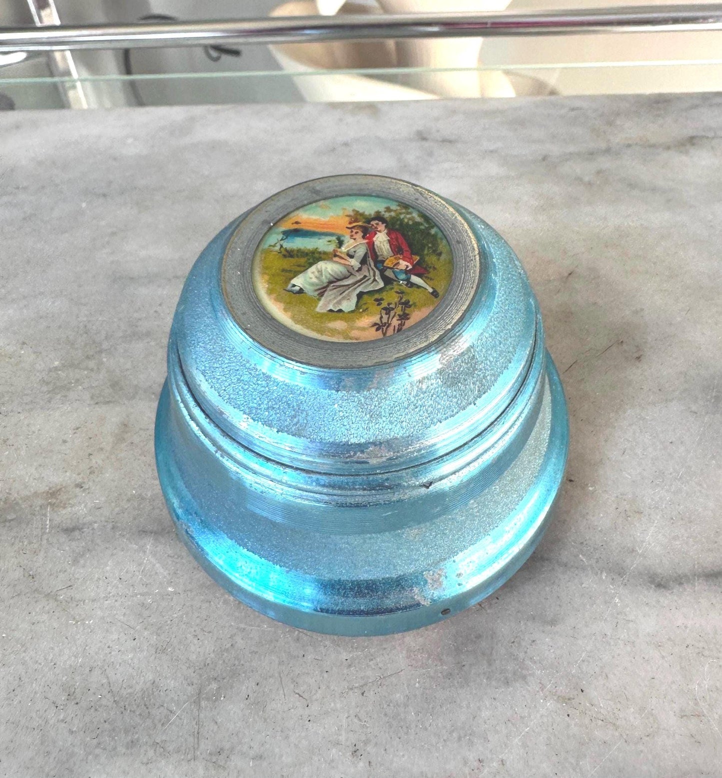 Lador Swiss Musical Powder Puff Box Blue Aluminum c1930s 40s Victorian Scene Vtg