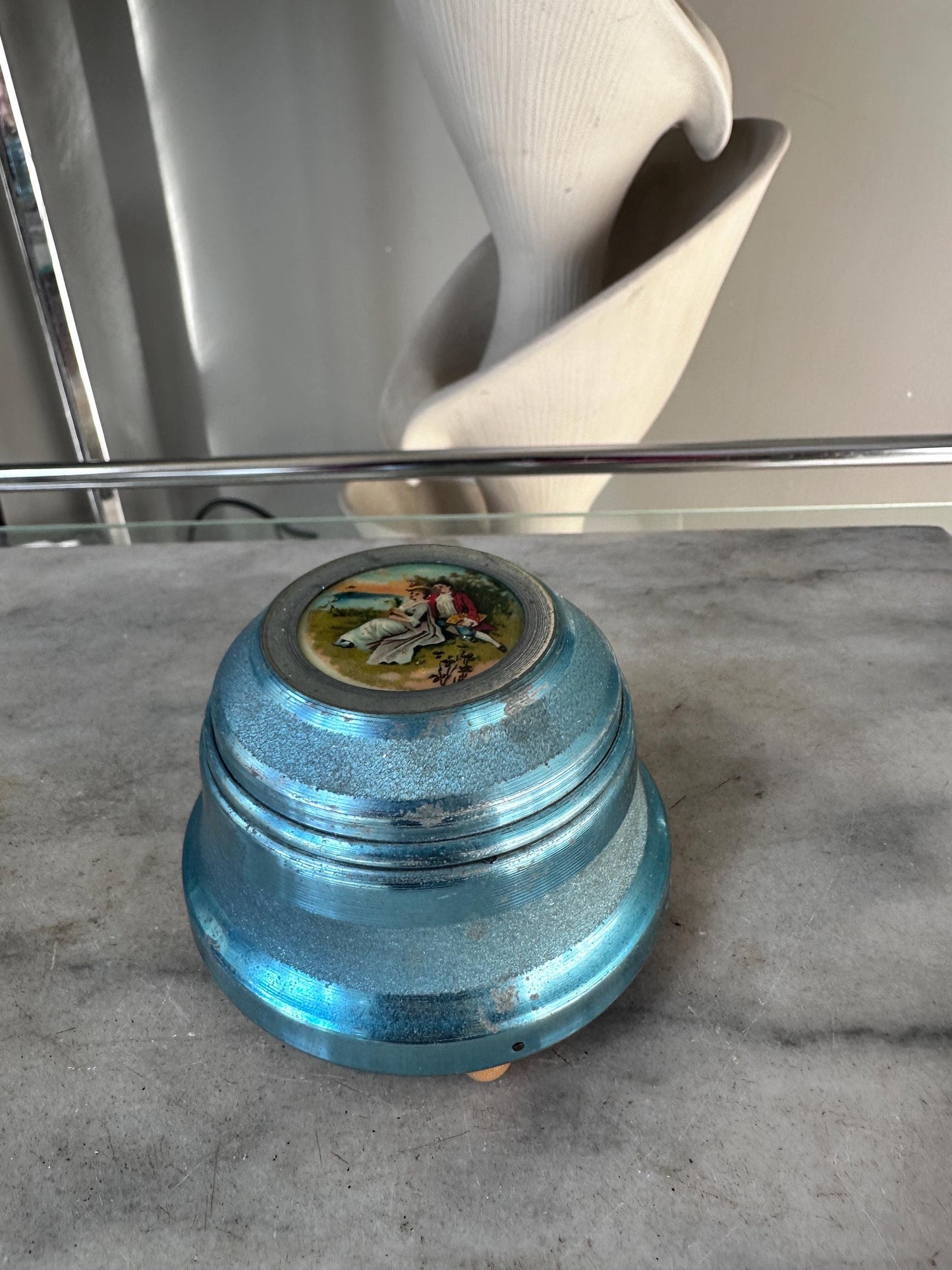 Lador Swiss Musical Powder Puff Box Blue Aluminum c1930s 40s Victorian Scene Vtg