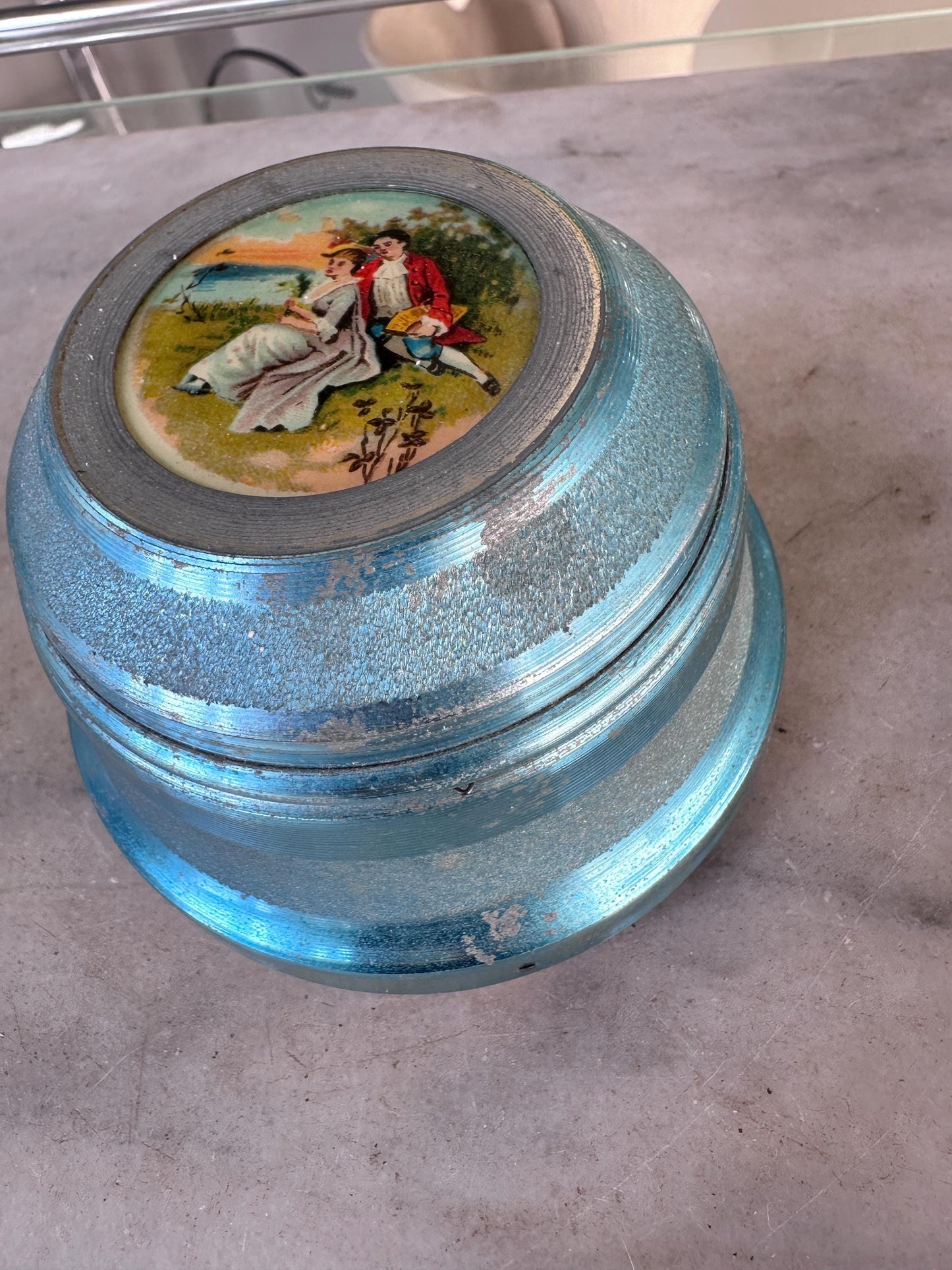 Lador Swiss Musical Powder Puff Box Blue Aluminum c1930s 40s Victorian Scene Vtg