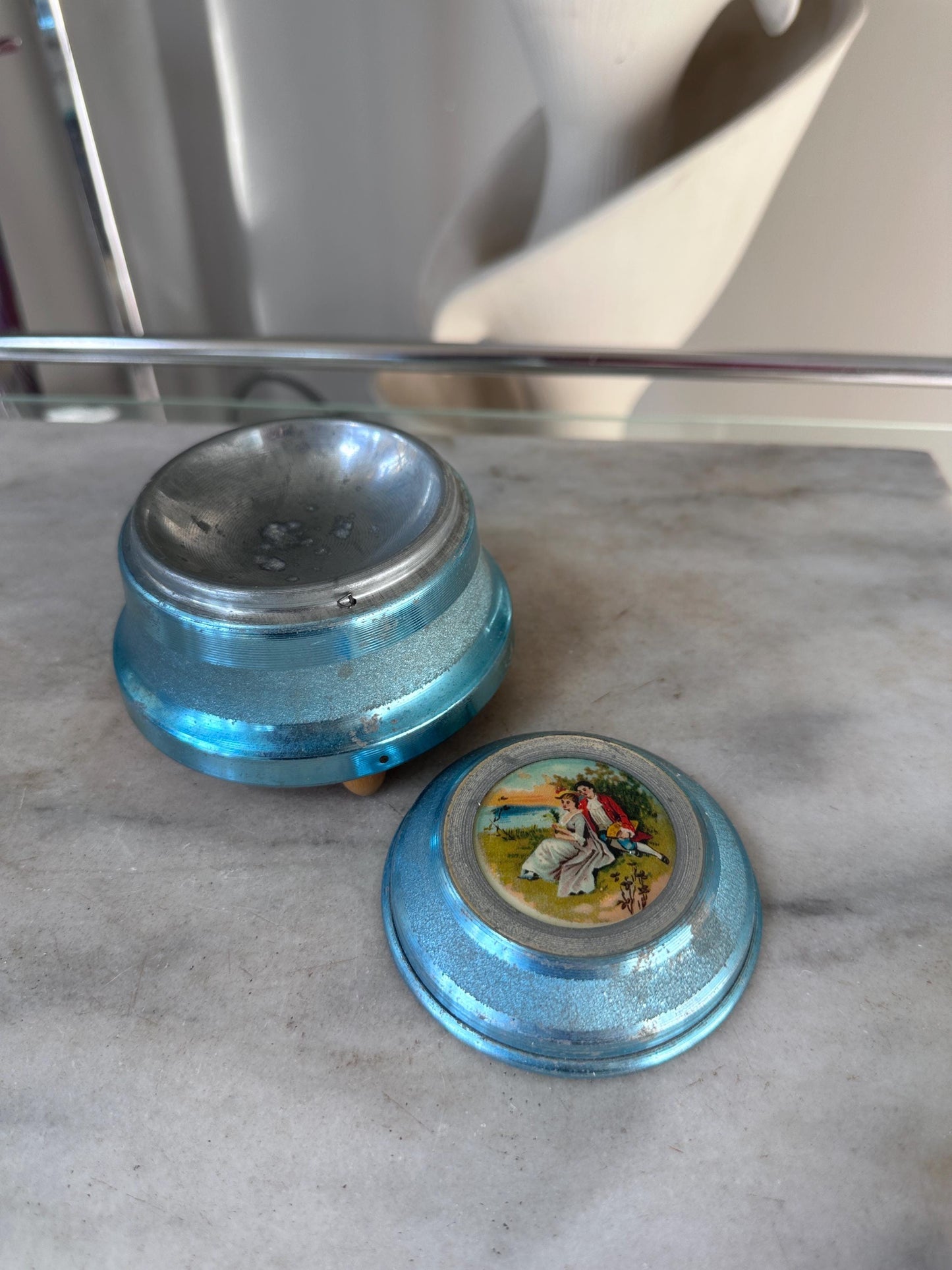 Lador Swiss Musical Powder Puff Box Blue Aluminum c1930s 40s Victorian Scene Vtg