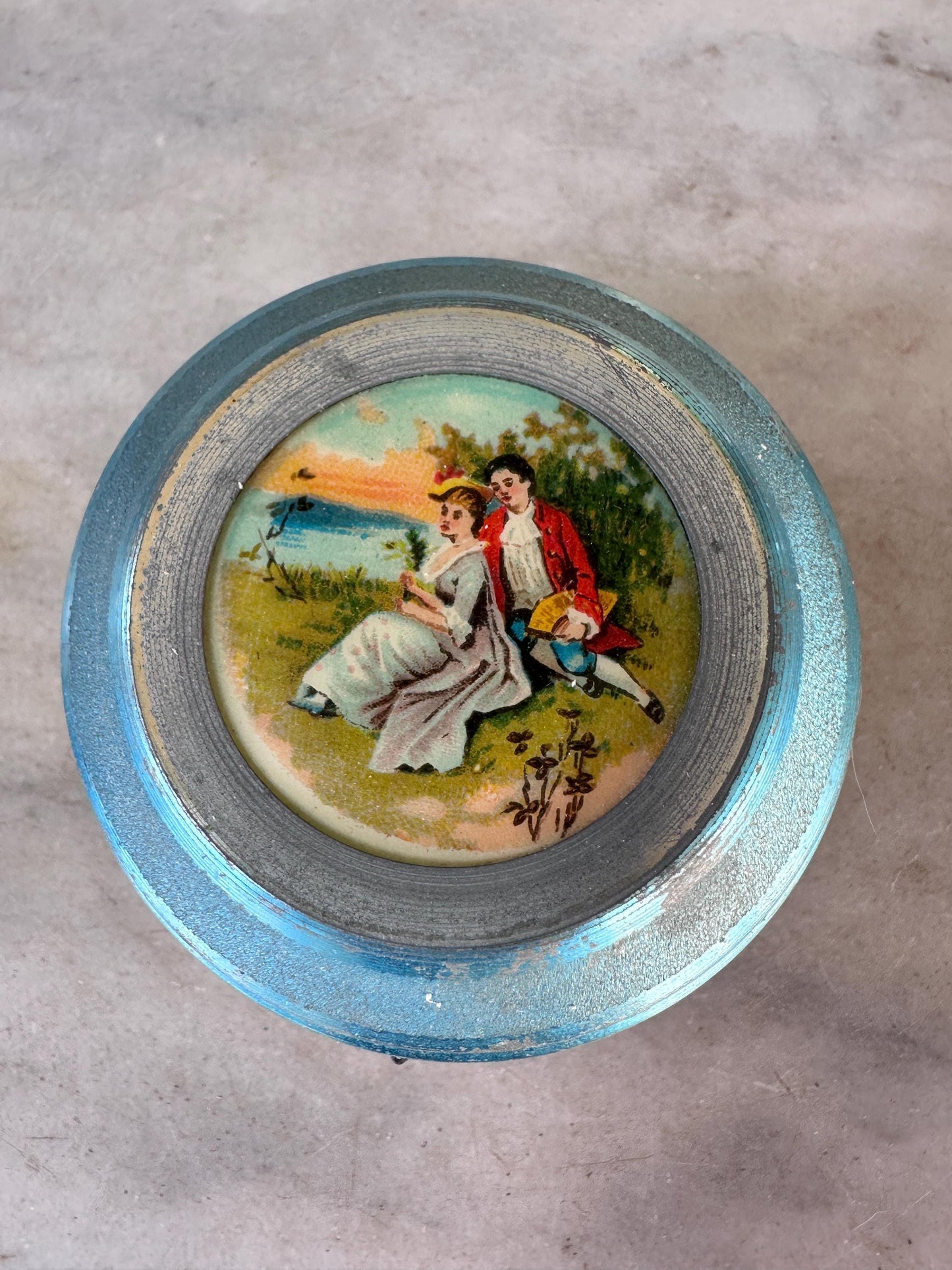 Lador Swiss Musical Powder Puff Box Blue Aluminum c1930s 40s Victorian Scene Vtg