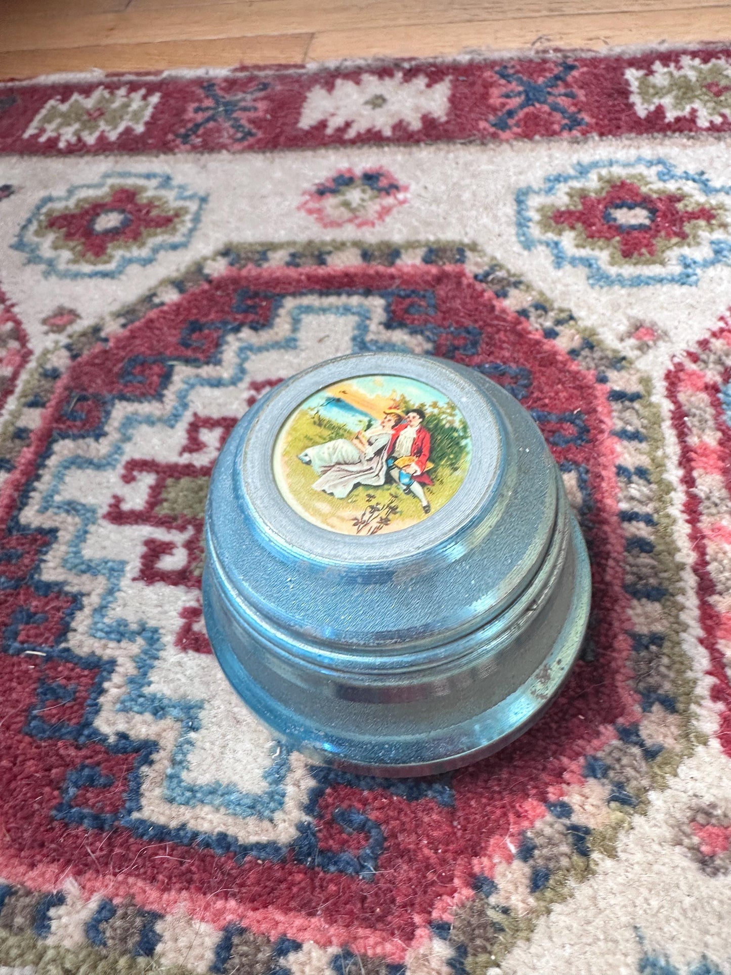 Lador Swiss Musical Powder Puff Box Blue Aluminum c1930s 40s Victorian Scene Vtg