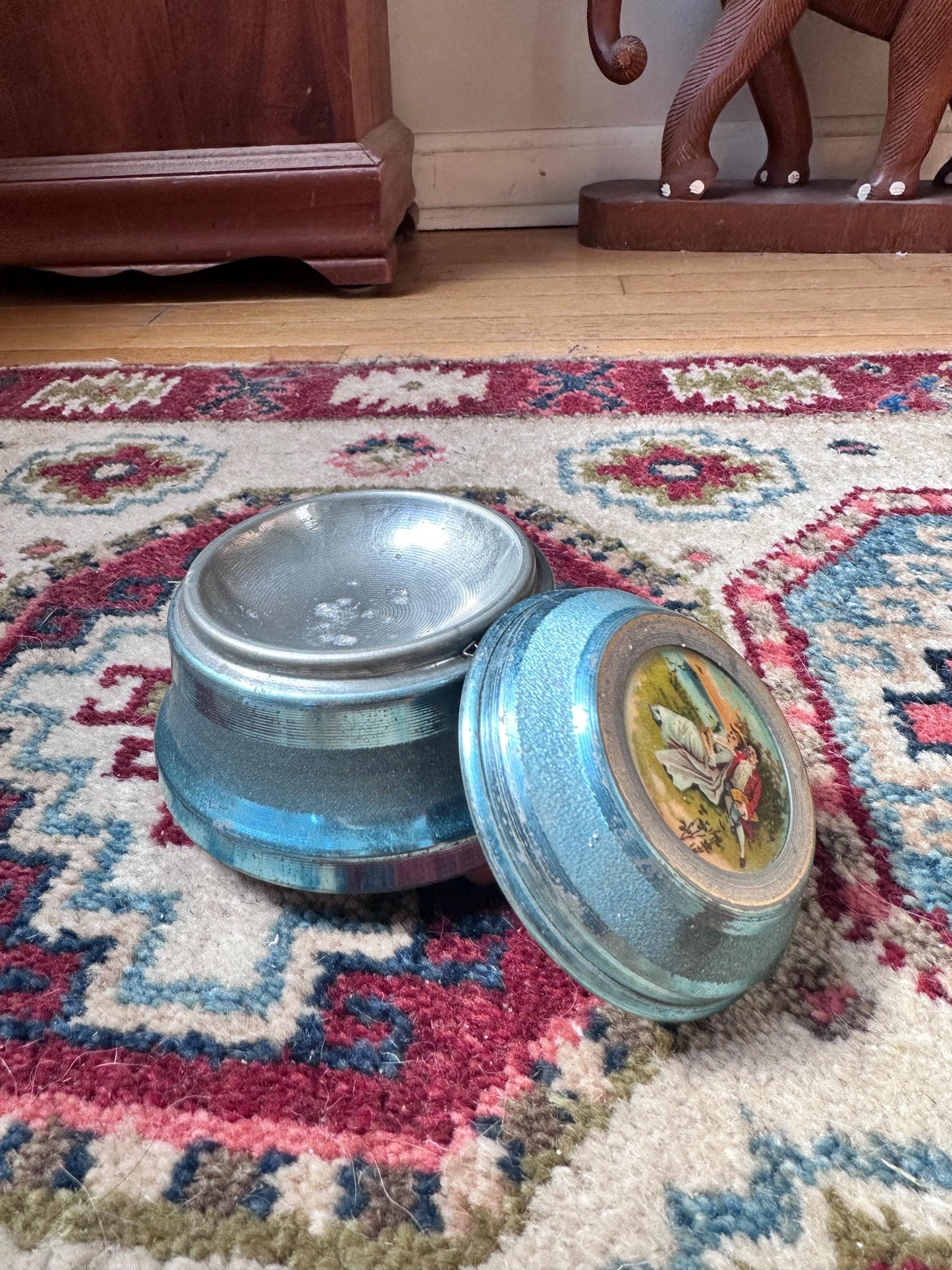 Lador Swiss Musical Powder Puff Box Blue Aluminum c1930s 40s Victorian Scene Vtg