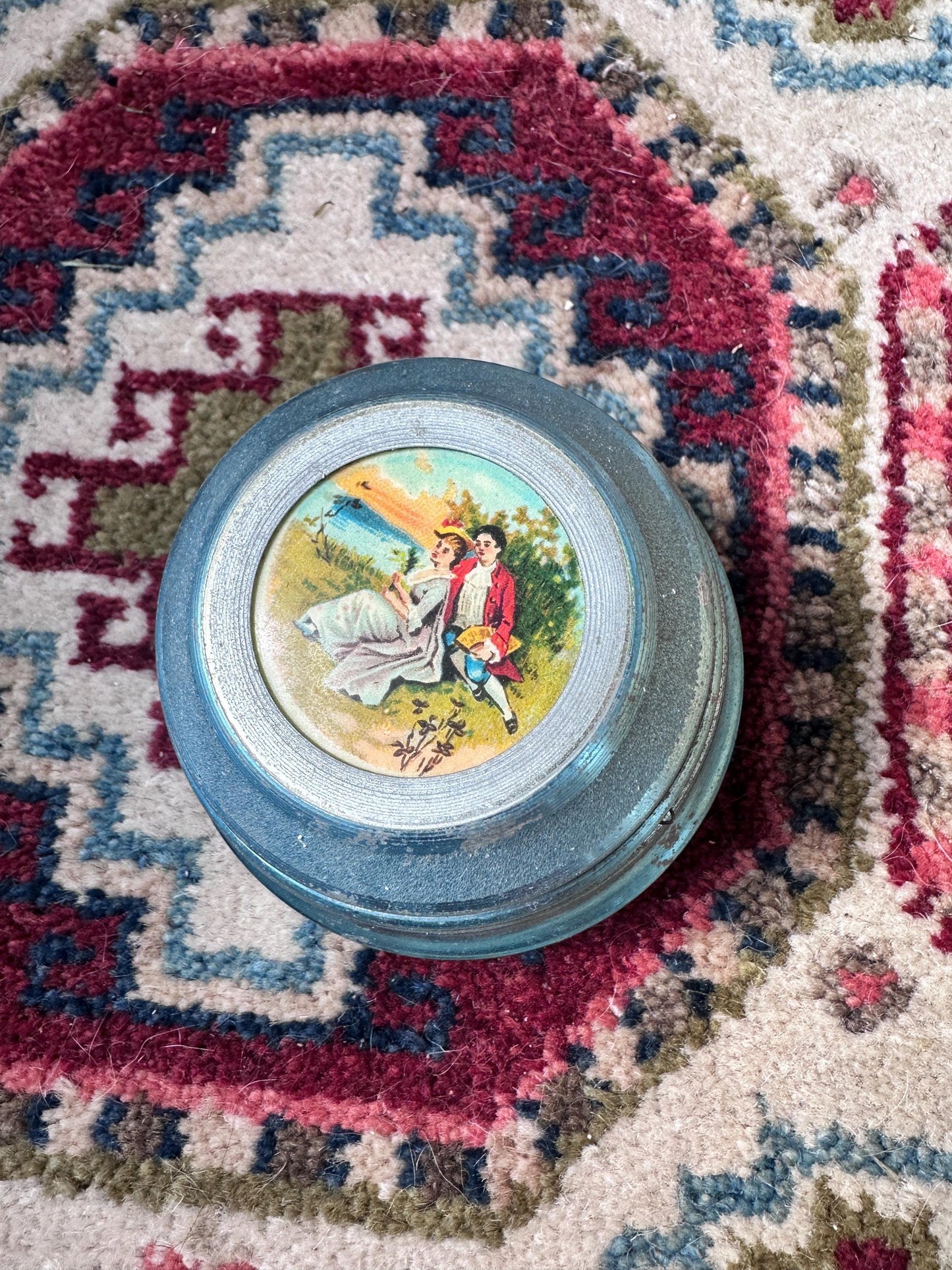Lador Swiss Musical Powder Puff Box Blue Aluminum c1930s 40s Victorian Scene Vtg