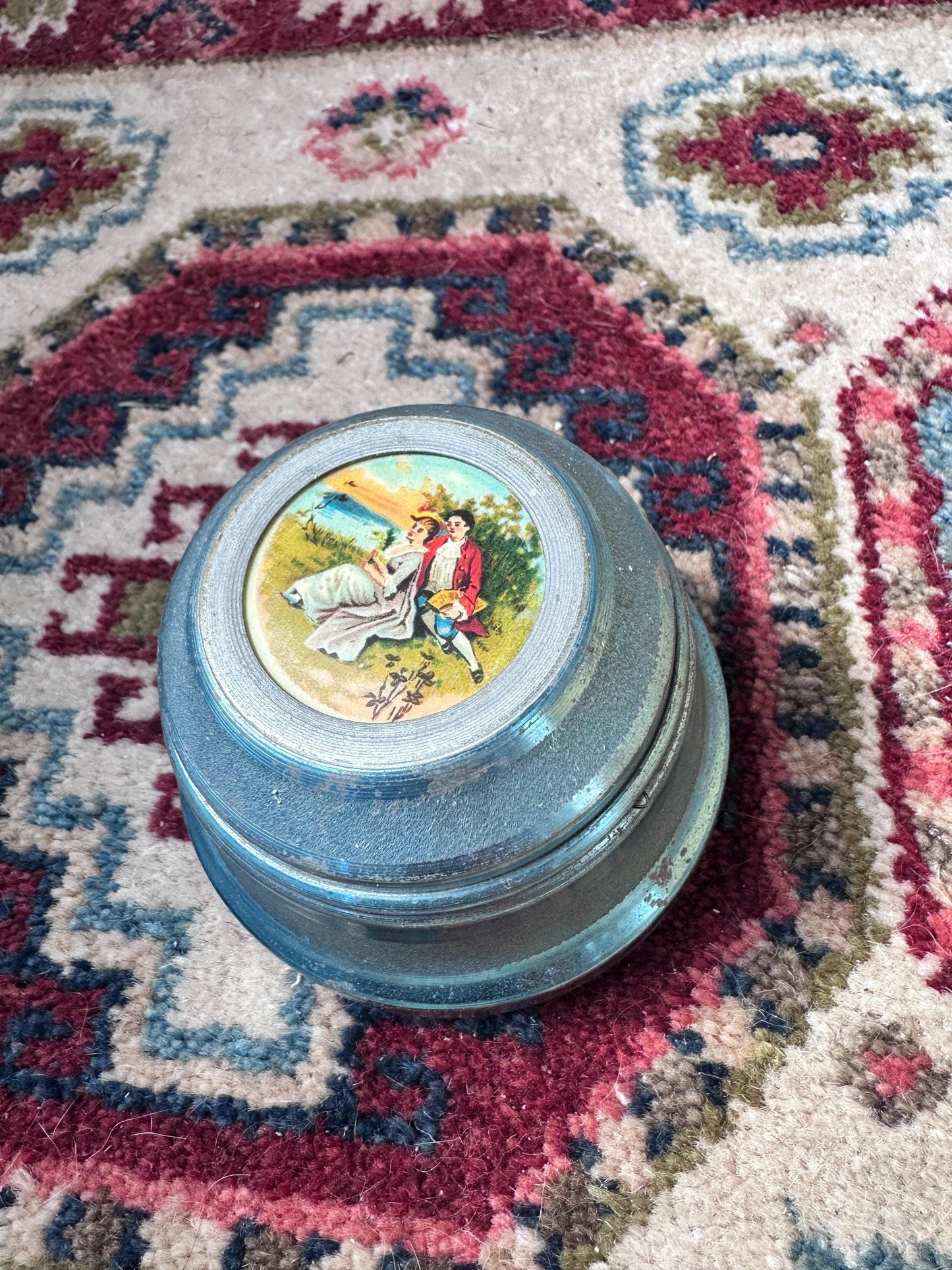 Lador Swiss Musical Powder Puff Box Blue Aluminum c1930s 40s Victorian Scene Vtg