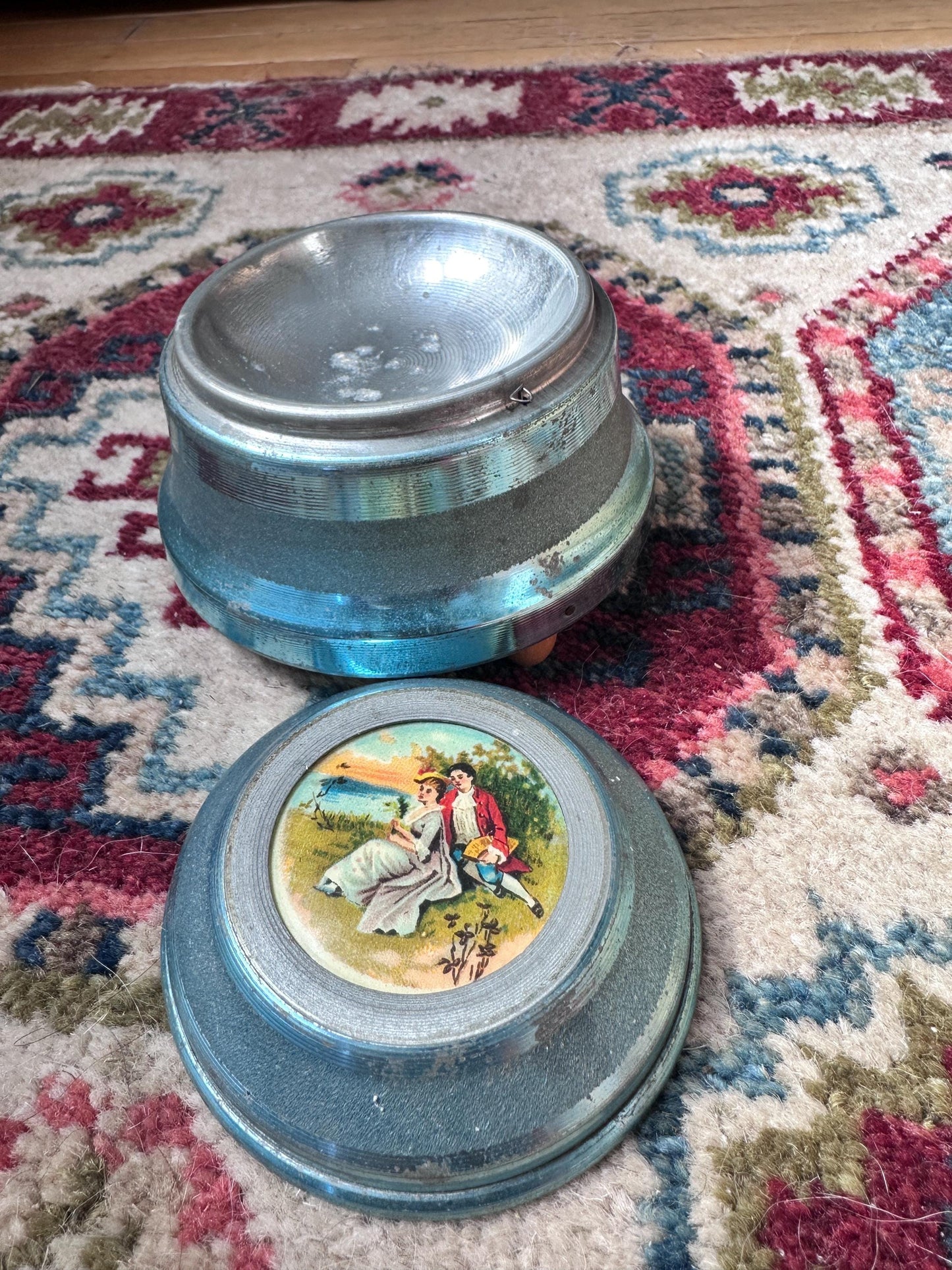 Lador Swiss Musical Powder Puff Box Blue Aluminum c1930s 40s Victorian Scene Vtg