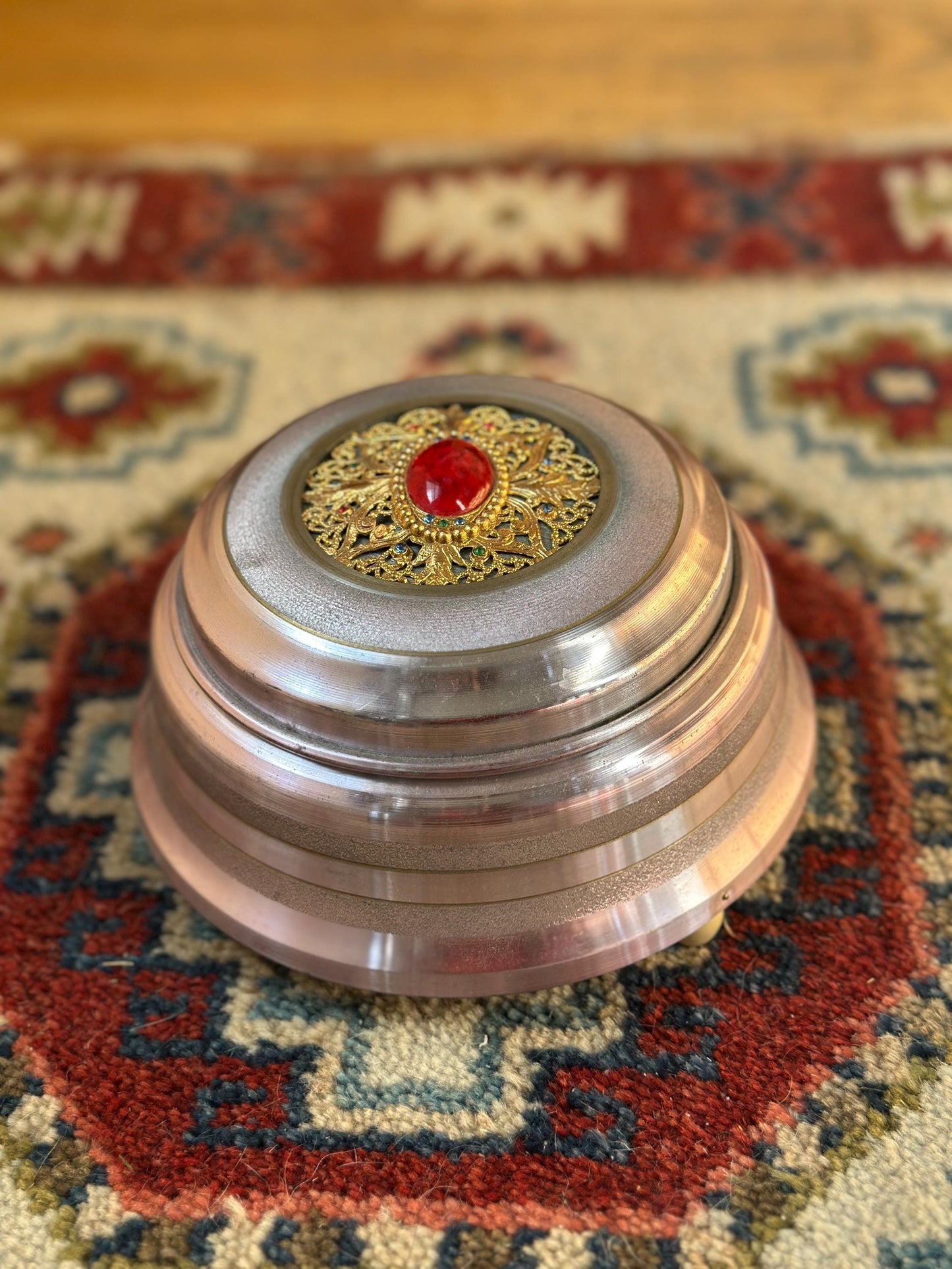 Vintage Powder Puff Music Box – Beehive Style, Plays Stardust, Pearl Appliqué Lid