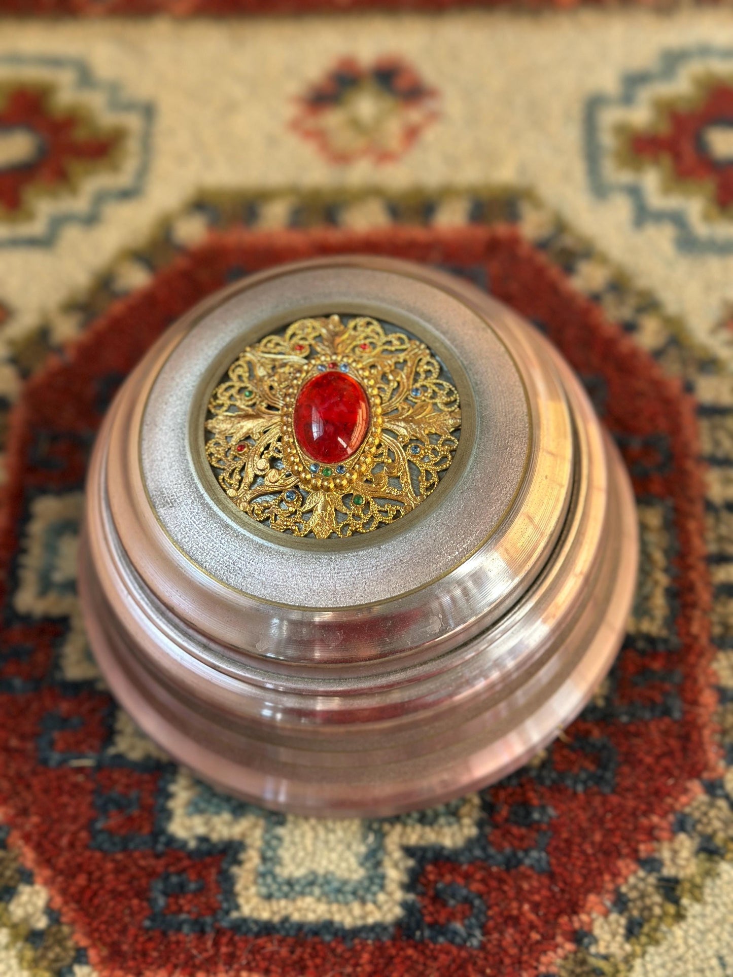 Vintage Powder Puff Music Box – Beehive Style, Plays Stardust, Pearl Appliqué Lid