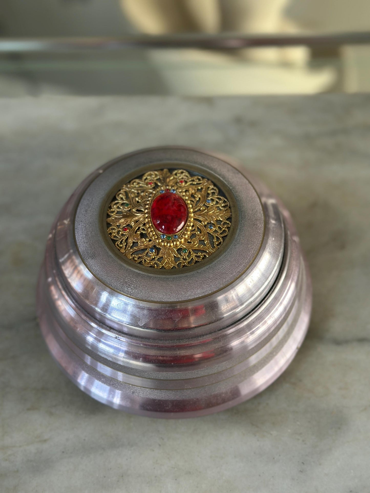 Vintage Powder Puff Music Box – Beehive Style, Plays Stardust, Pearl Appliqué Lid
