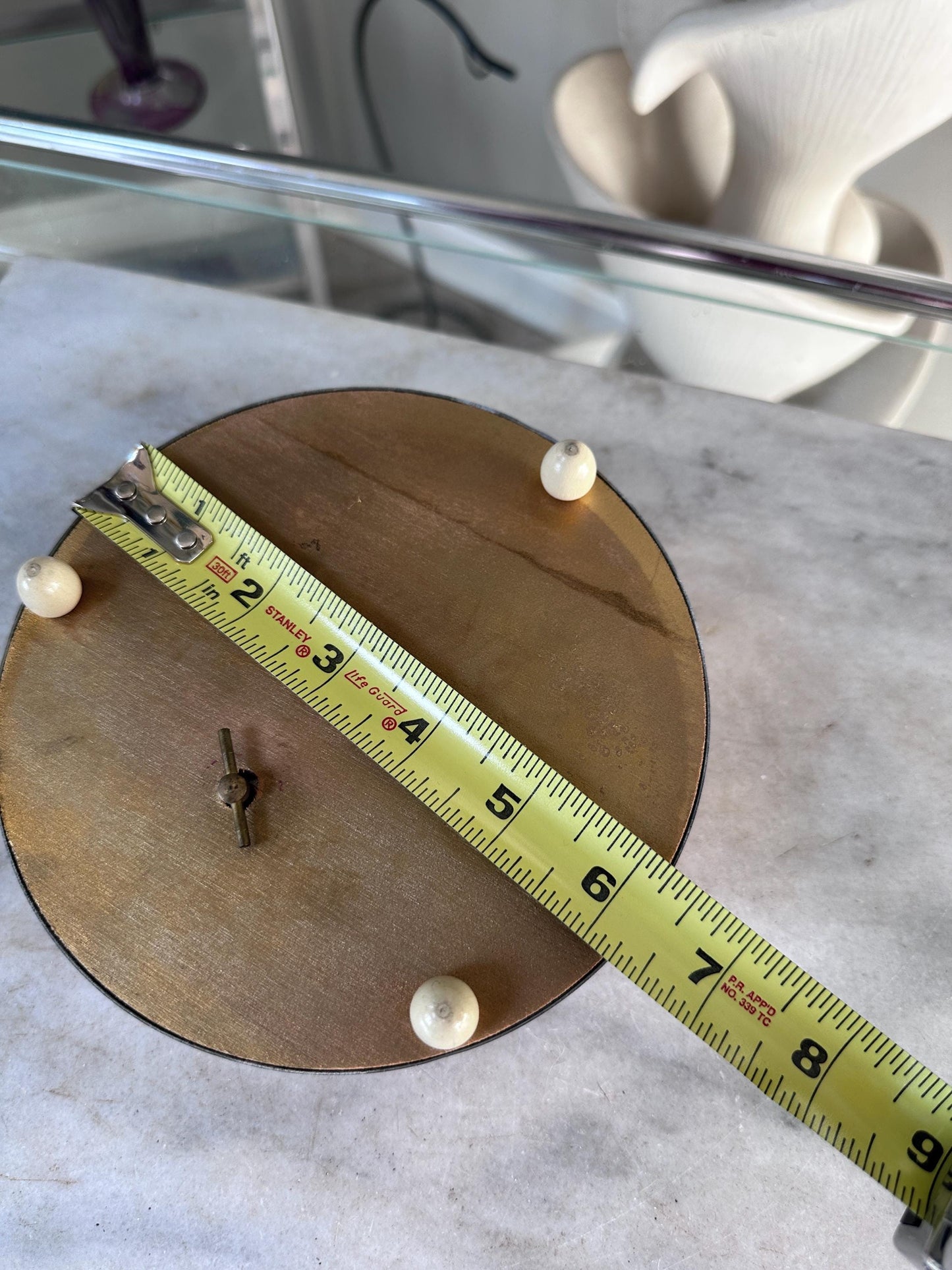 Vintage Powder Puff Music Box – Beehive Style, Plays Stardust, Pearl Appliqué Lid