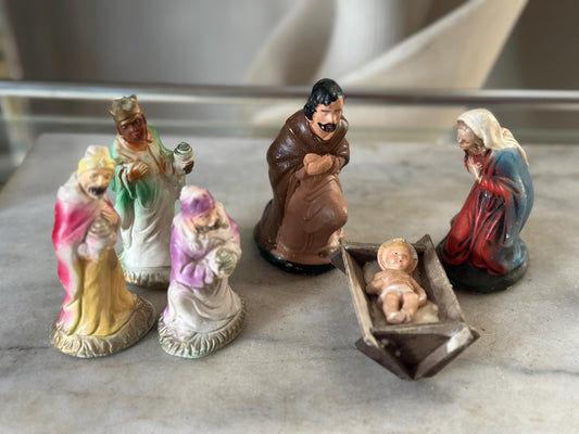 Vintage 1940s Chalkware Nativity Set | 6-Piece Mid-Century Christmas Decor