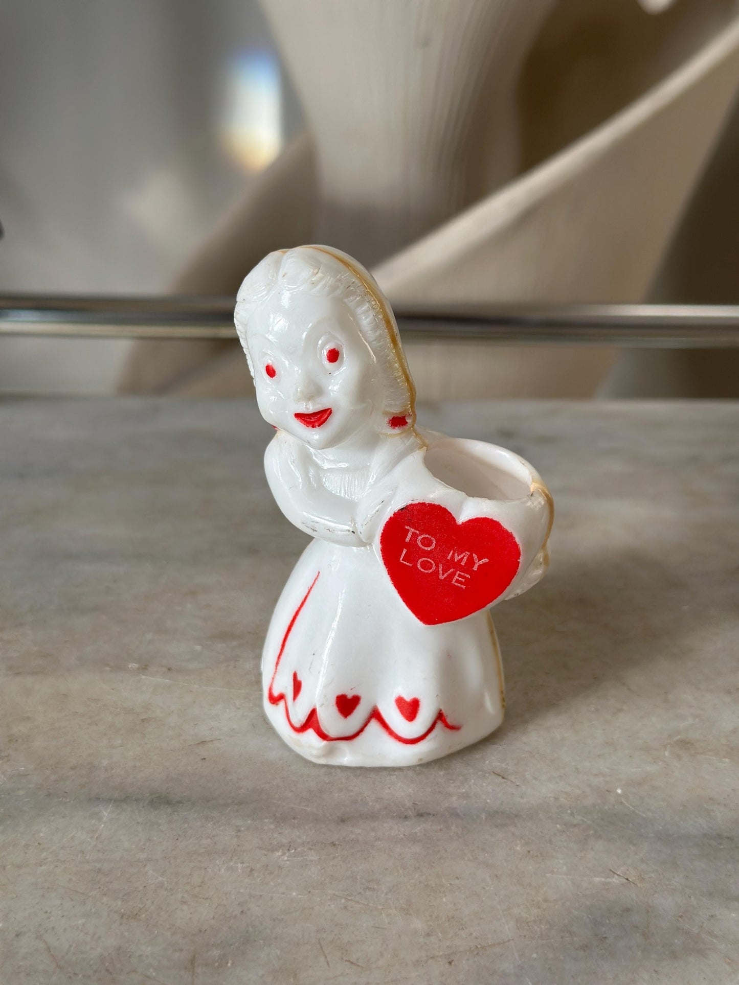 Vintage Rosbro/E. Rosen Valentine  Hard Plastic Girl Holding Valentine Heart   Candy Container 1940s - 50s