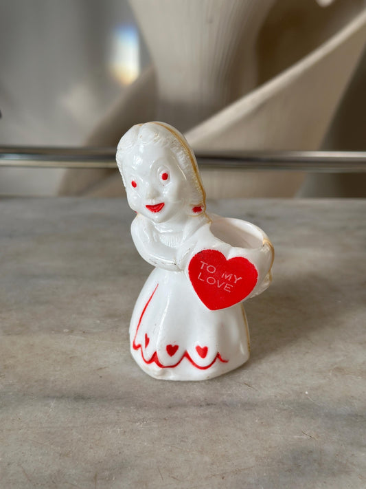 Vintage Rosbro/E. Rosen Valentine  Hard Plastic Girl Holding Valentine Heart   Candy Container 1940s - 50s