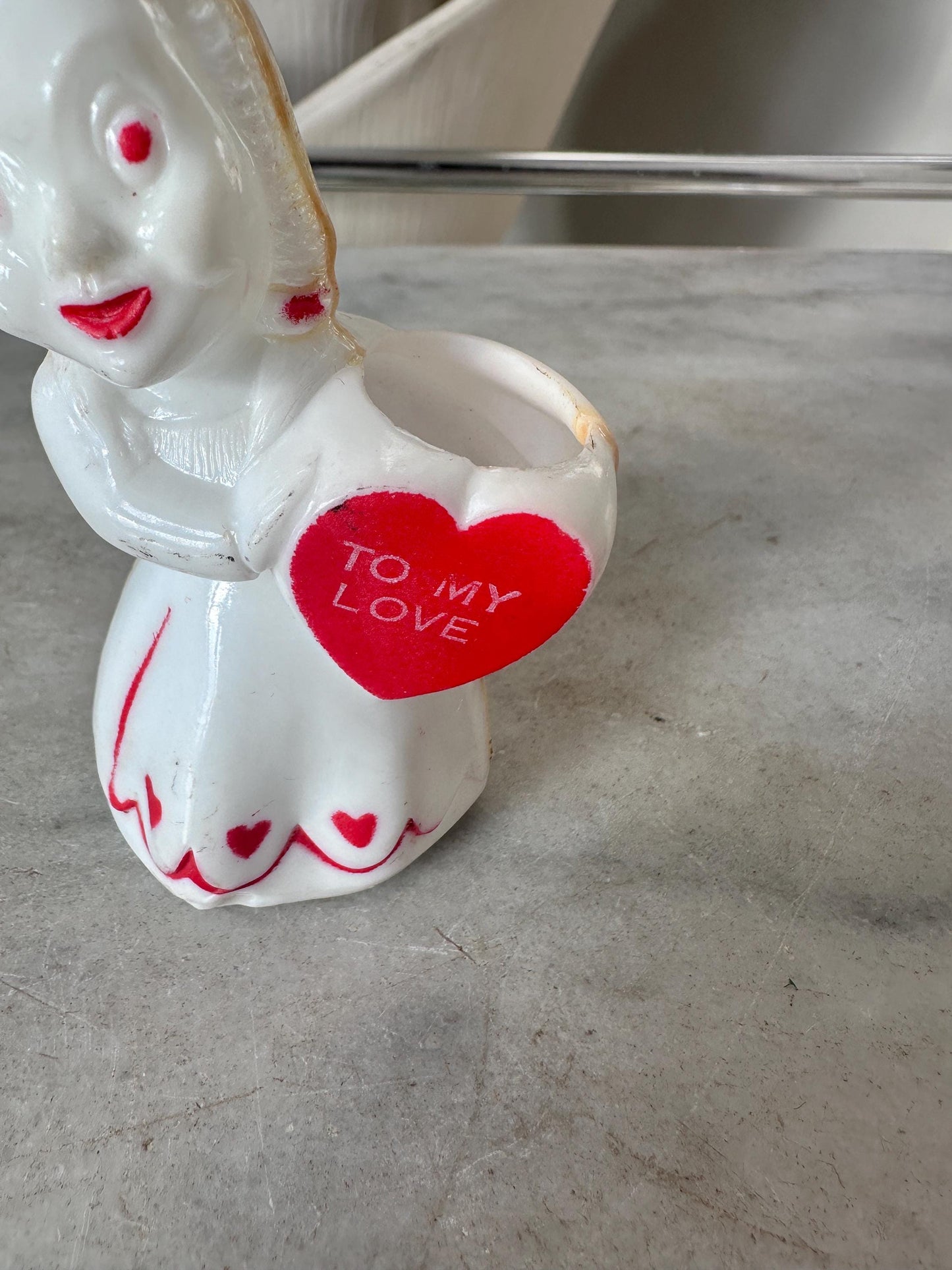 Vintage Rosbro/E. Rosen Valentine  Hard Plastic Girl Holding Valentine Heart   Candy Container 1940s - 50s