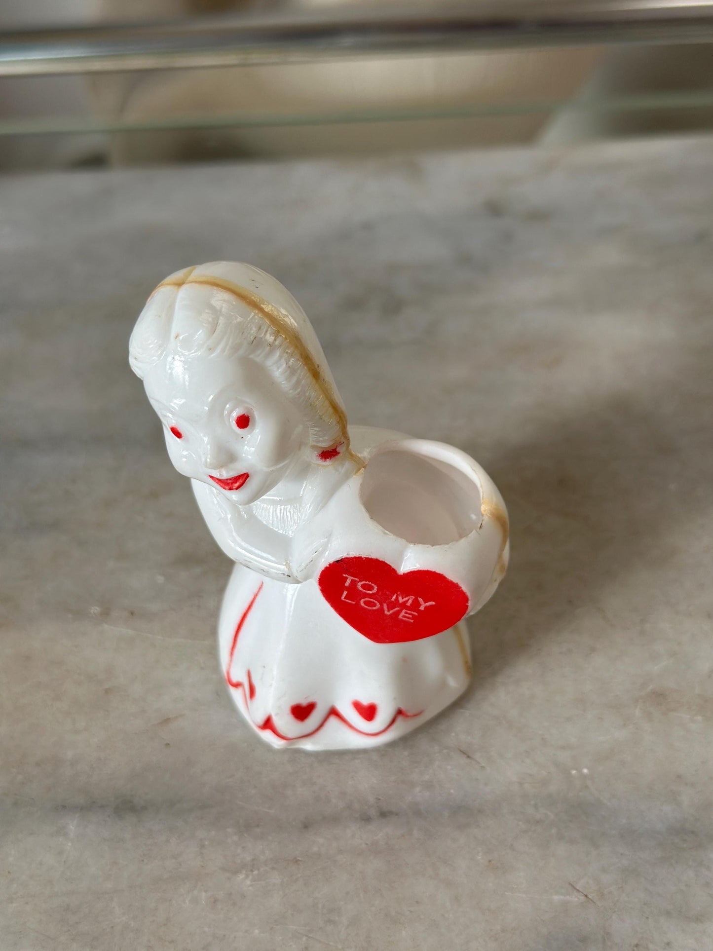 Vintage Rosbro/E. Rosen Valentine  Hard Plastic Girl Holding Valentine Heart   Candy Container 1940s - 50s