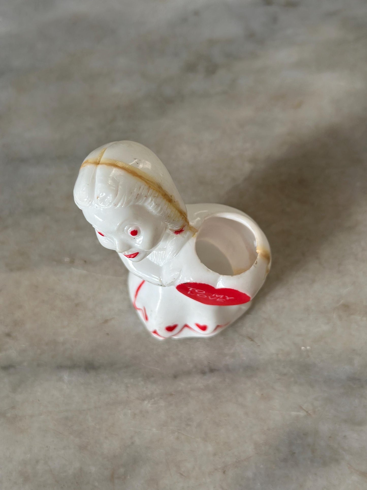 Vintage Rosbro/E. Rosen Valentine  Hard Plastic Girl Holding Valentine Heart   Candy Container 1940s - 50s