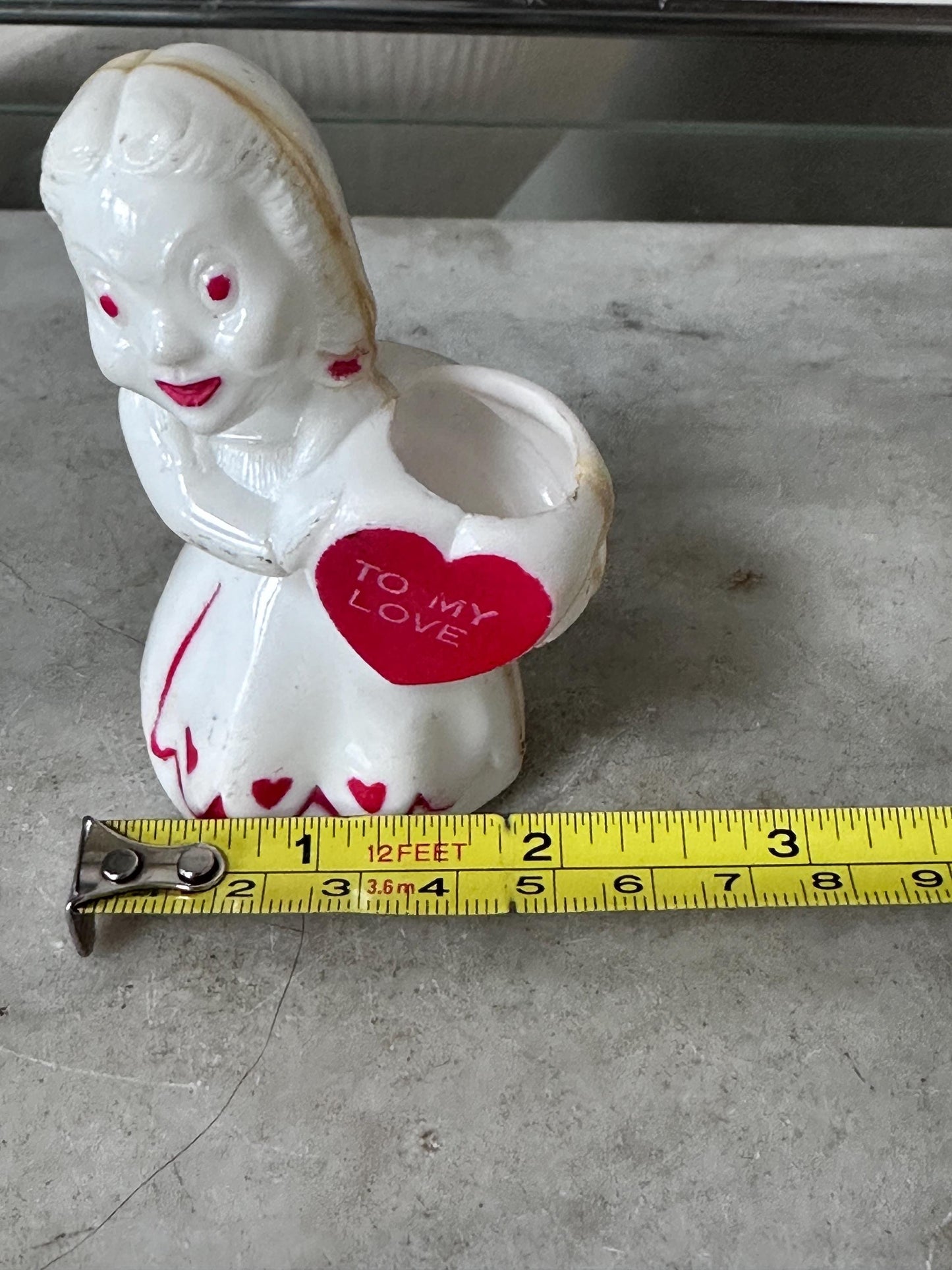 Vintage Rosbro/E. Rosen Valentine  Hard Plastic Girl Holding Valentine Heart   Candy Container 1940s - 50s