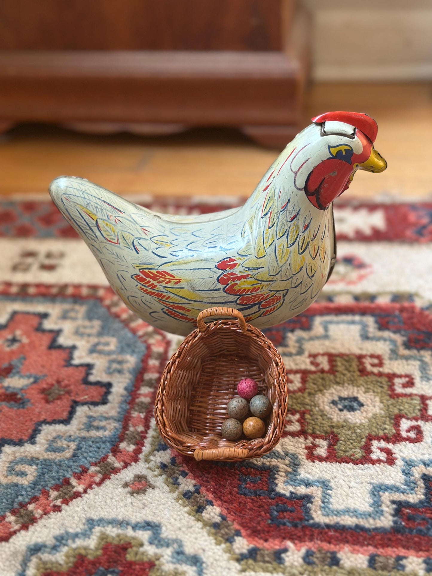 Vintage Wyandotte Tin Laying Chicken Toy | Wind-Up Works, Includes Basket & Marbles