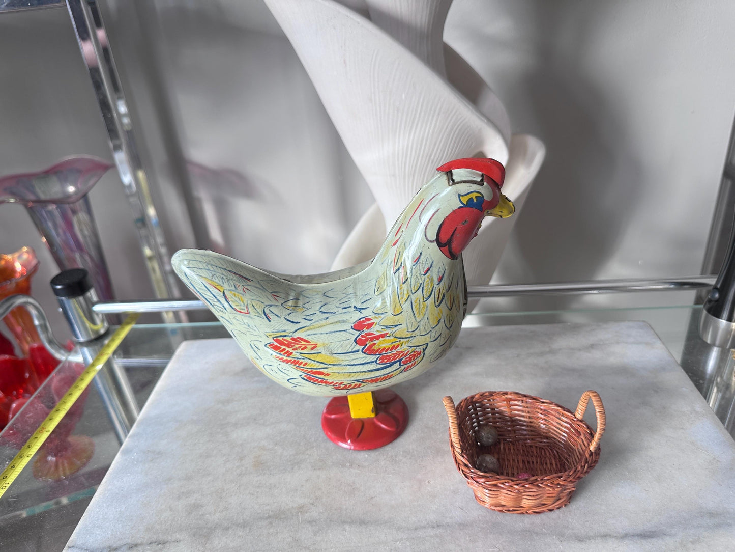 Vintage Wyandotte Tin Laying Chicken Toy | Wind-Up Works, Includes Basket & Marbles