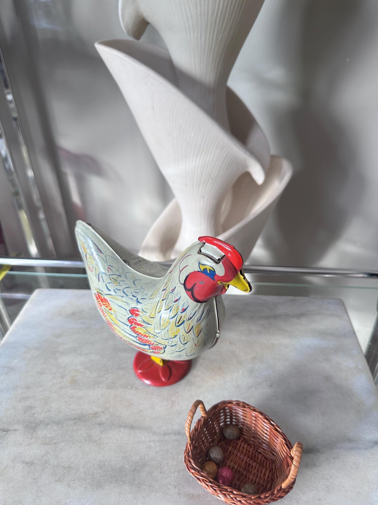 Vintage Wyandotte Tin Laying Chicken Toy | Wind-Up Works, Includes Basket & Marbles